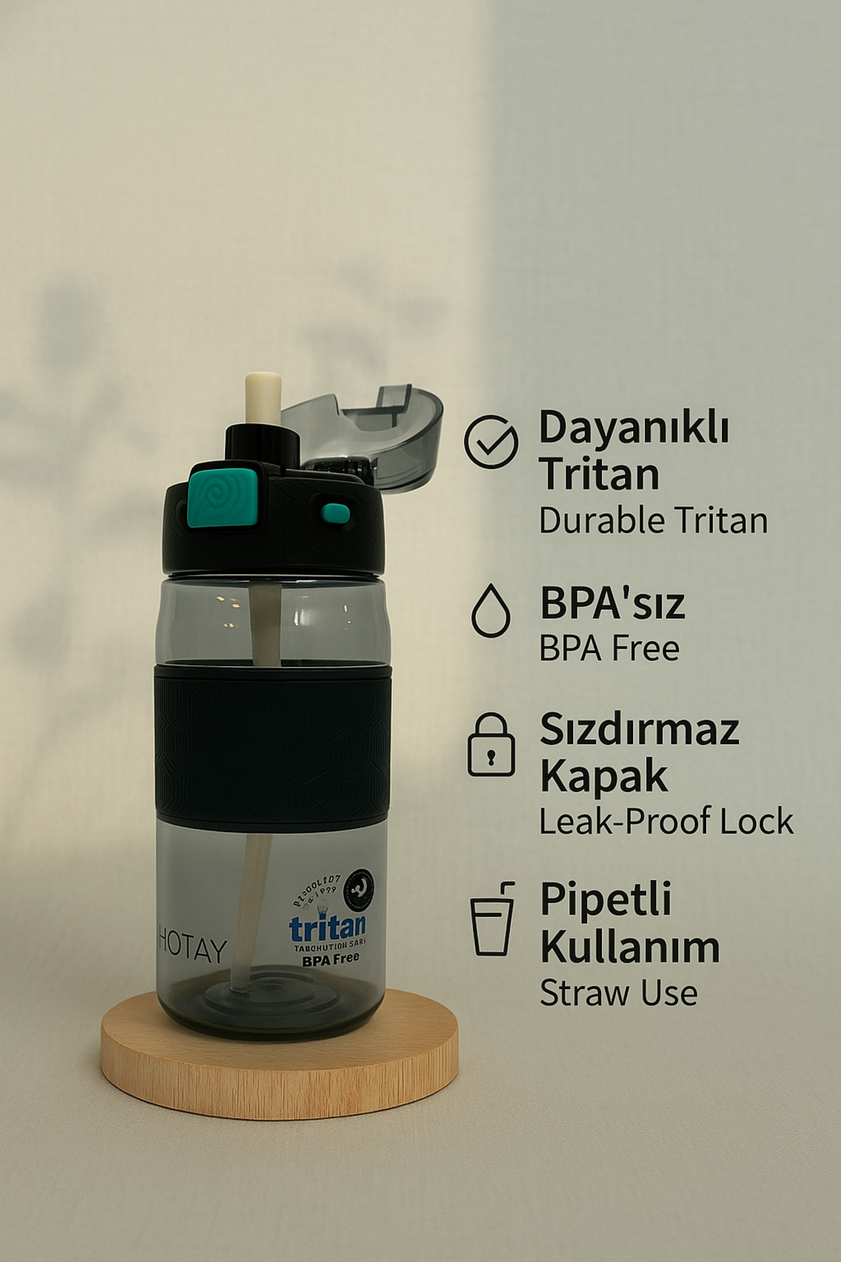 ORVO Tritan Sporcu Matara Suluk – Kilitli Kapaklı, Pipetli, BPA Free, 600 ml / ST-7202 - Siyah