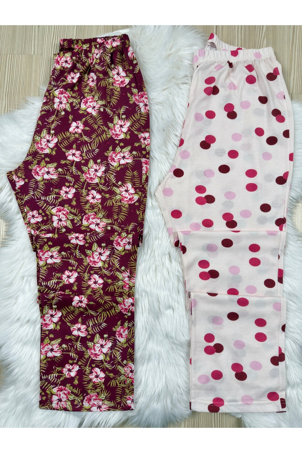 Pijamacs Bordo Çiçek ve Puantiye Desenli Büyük Beden 2'li Pijama Altı