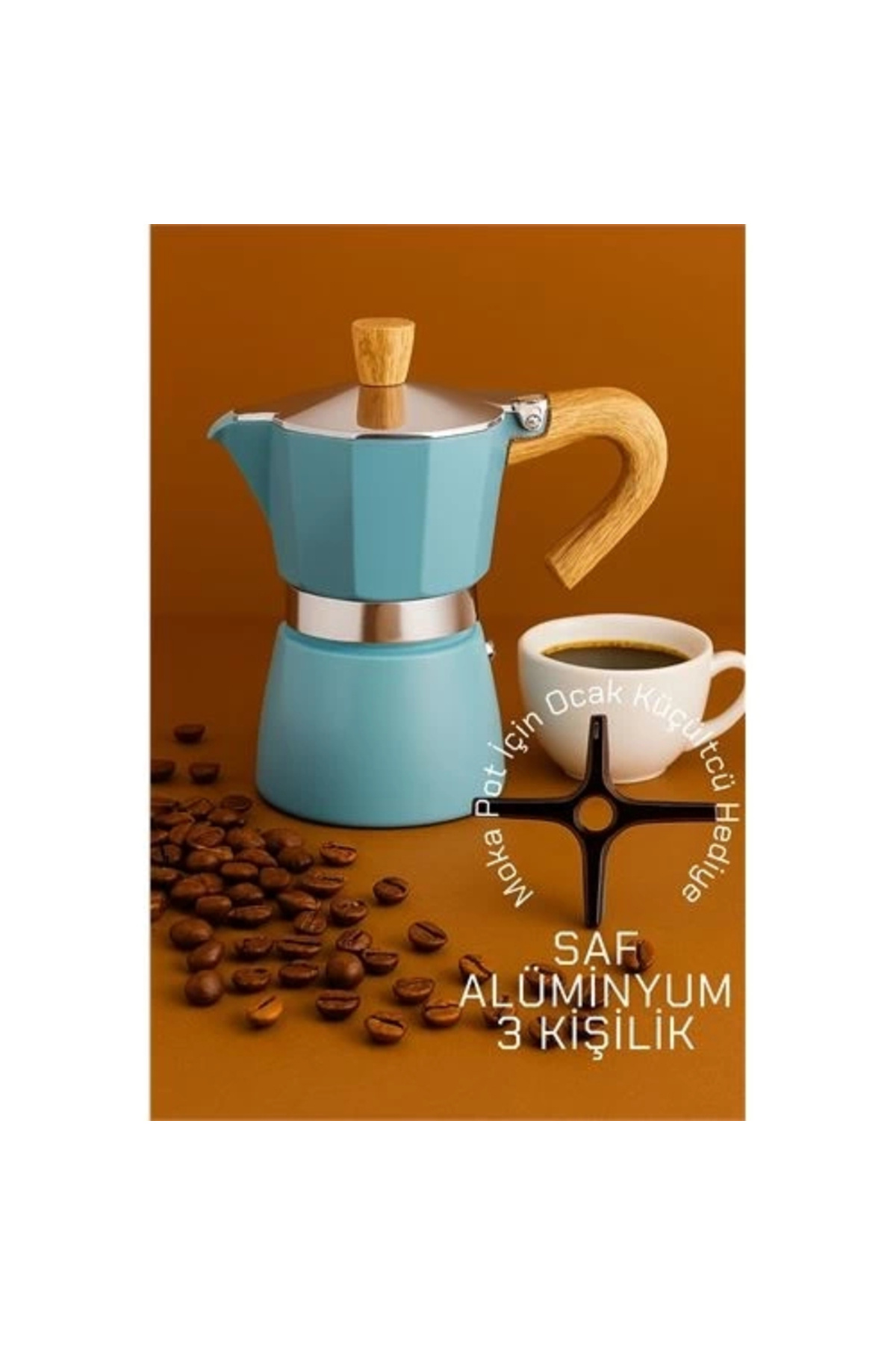 Genel Markalar BFS Italyan Moka Pot - 6061 Saf Alüminyum Ahşap Saplı - 3 kişilik MAVİ