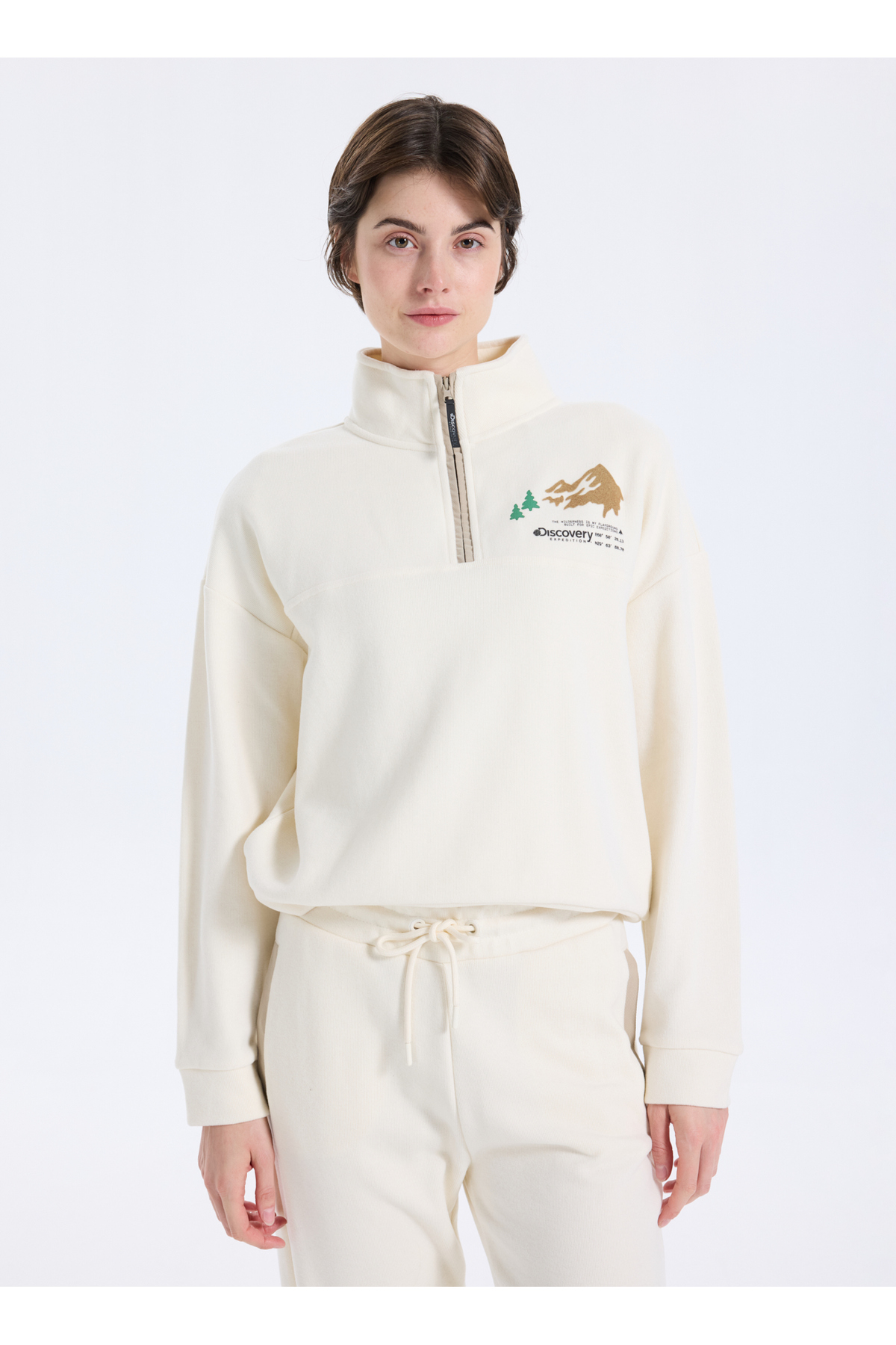 Discovery Expedition D5WL-SWT3595 Krem Dik Yaka Relaxed Baskılı Kadın Sweatshırt görsel 3