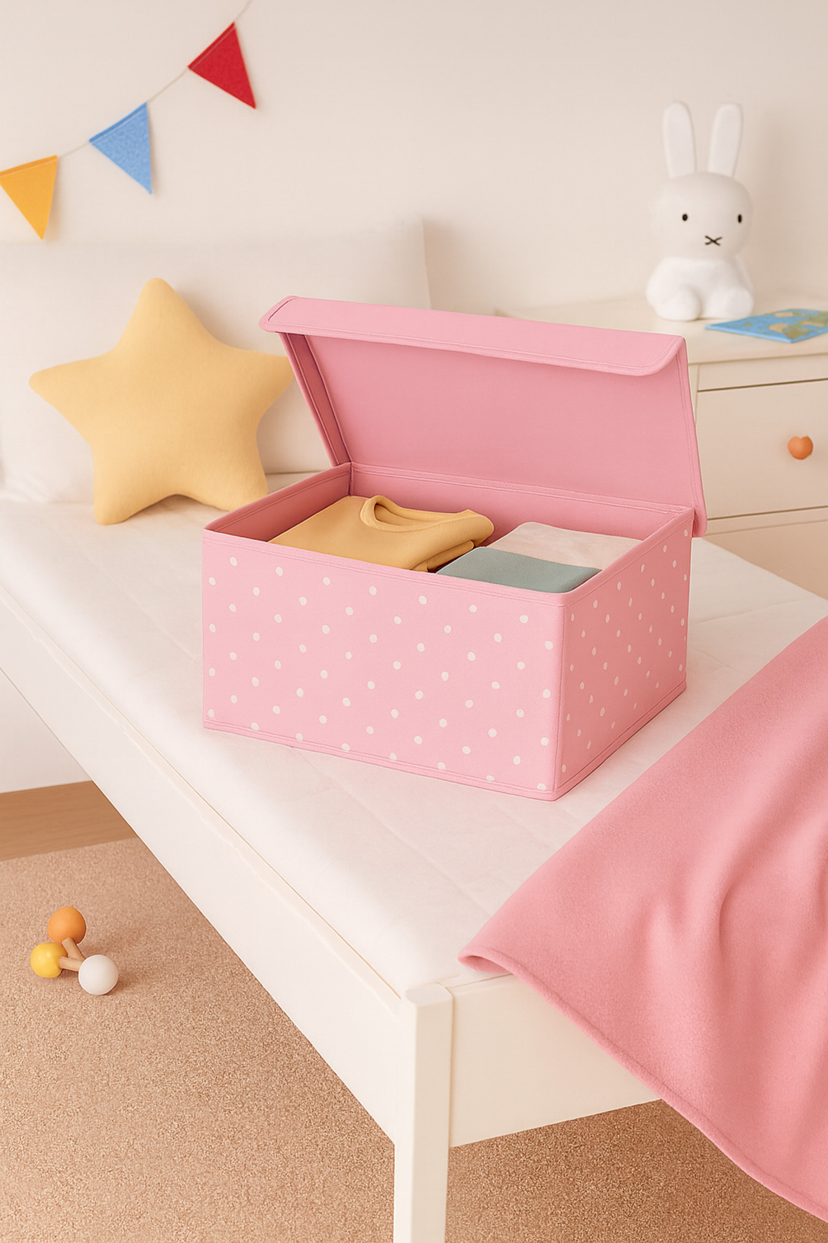 Serstil Sert Karton Pembe Puantiyeli Küçük Boy Destekli Kapaklı Kutu Hurç Organizer 40x30x25 cm fotoğrafı 2 (önizleme)