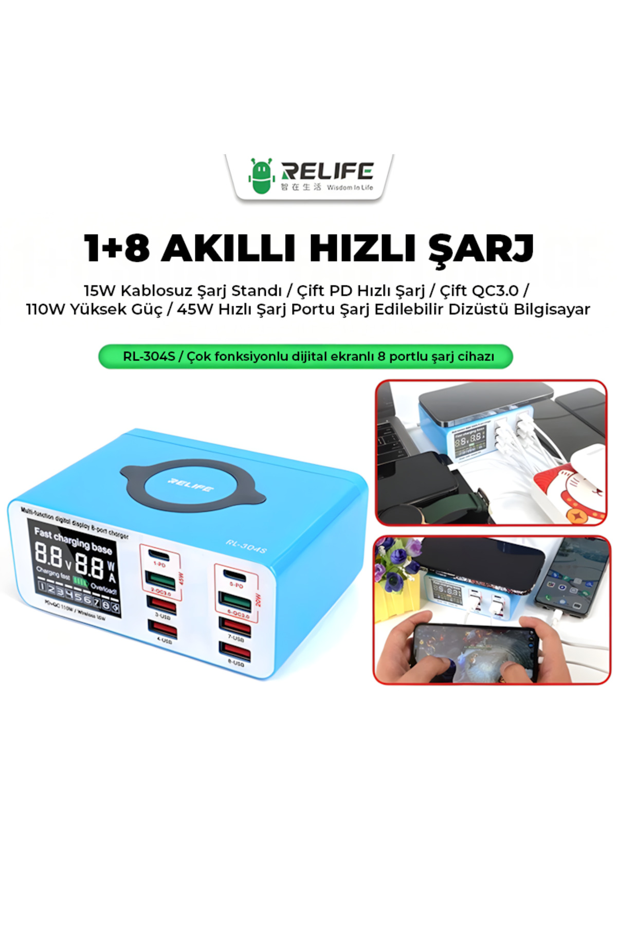 Relife RL-304S Usb-C 8+1 Portlu Kablosuz Şarj İstasyonu - görsel 2