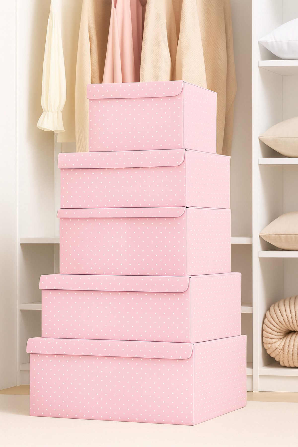 Serstil Sert Karton Pembe Puantiyeli Küçük Boy Destekli Kapaklı Kutu Hurç Organizer 40x30x25 cm fotoğrafı 4 (önizleme)