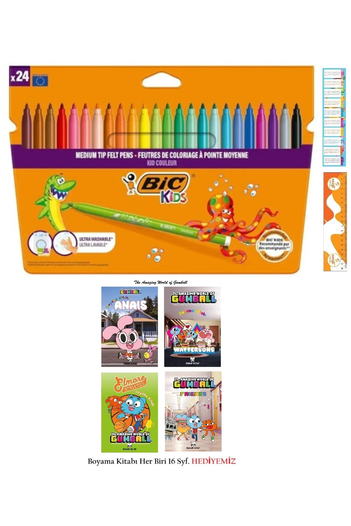 Bic Kıds Colour Keçeli Boya Kalemi Kutu 24 lü ve The Gumball Lisanslı Boyama Kitabı 4 Adet 16 Syf'lık