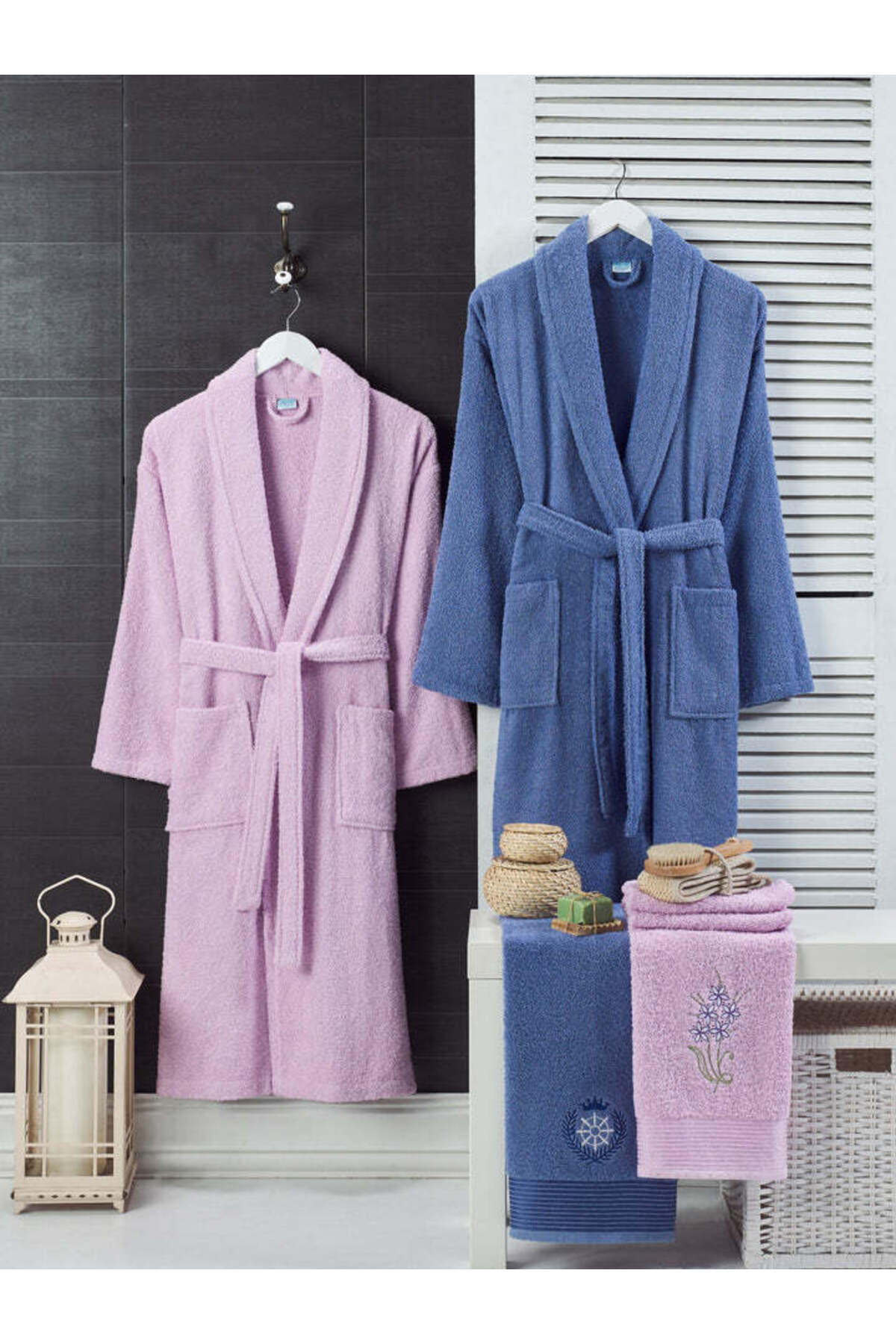 Lilac Navy Blue Towel Bathrobe Set of 4 S-M