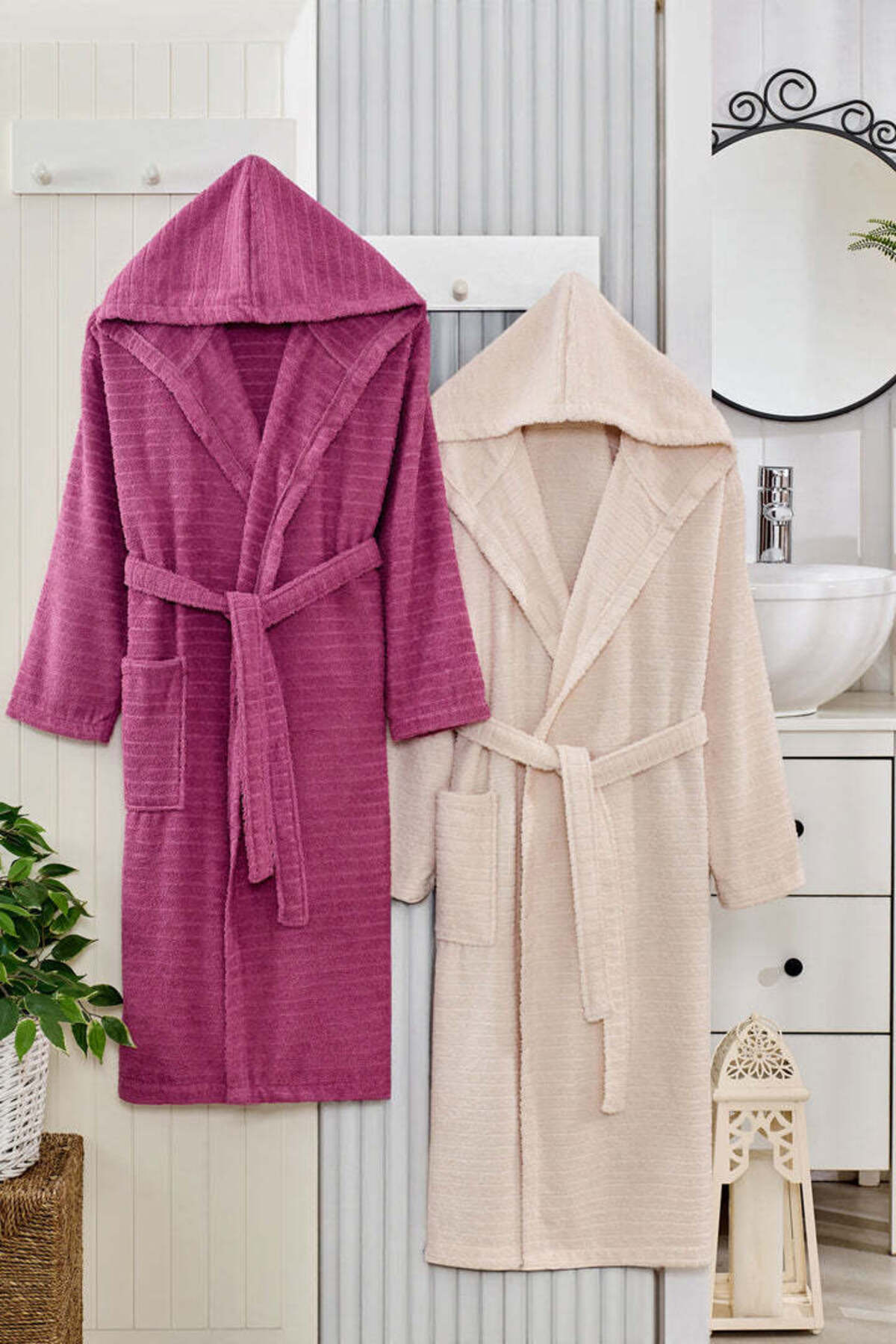 Nature 2-Piece Set Damson Beige Hooded Bathrobe