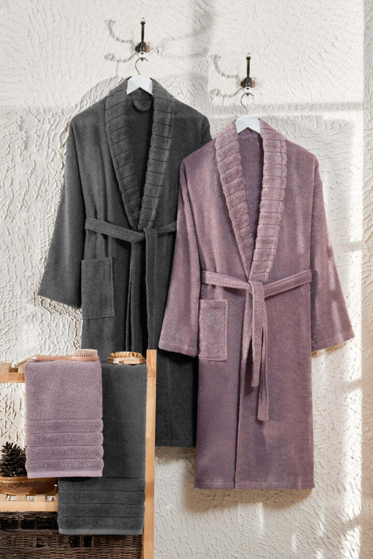Carla 4-Piece Bathrobe Set with Towel Anthracite/Damson
