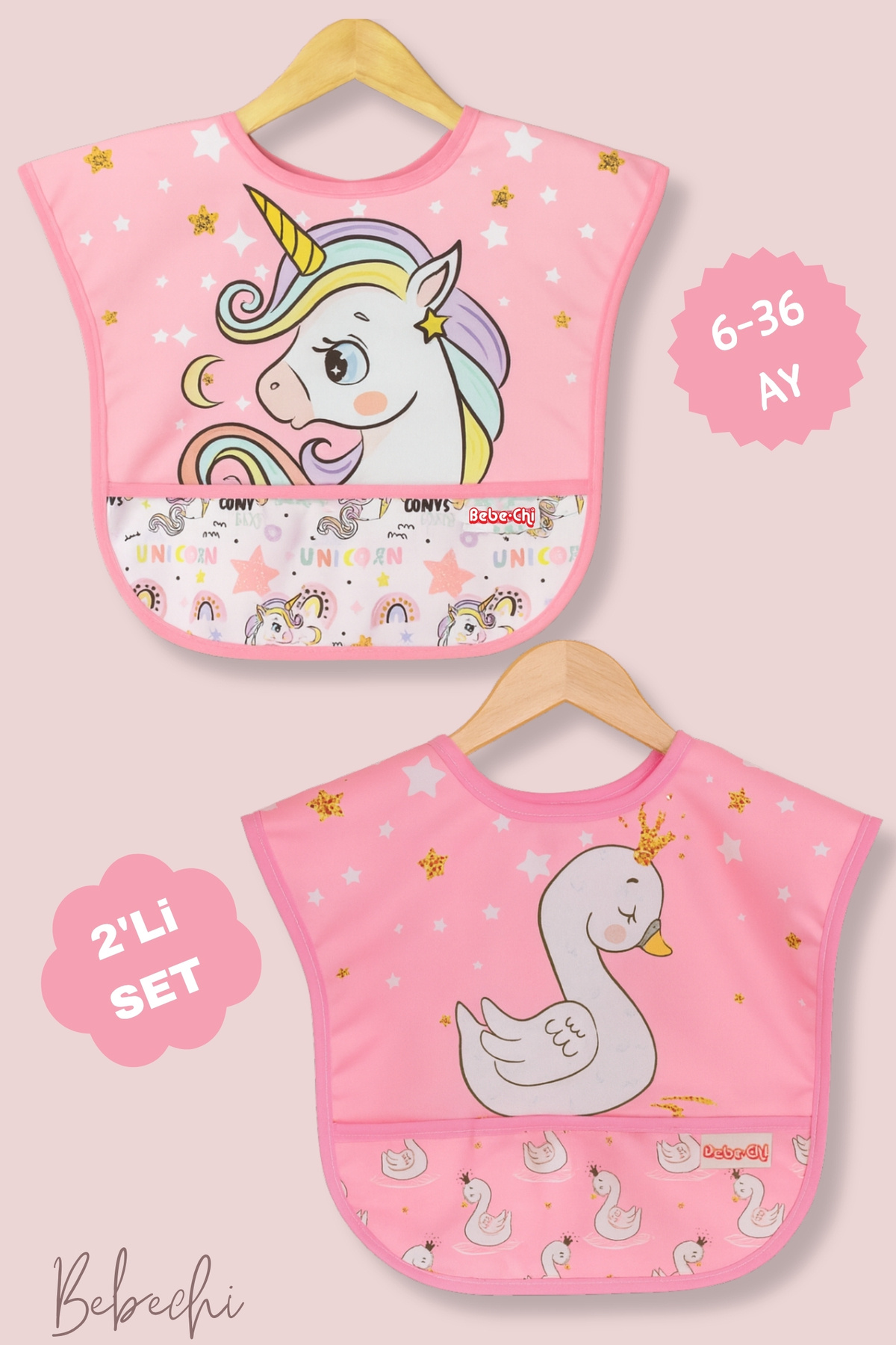 Bebechi Kuğu-Sevimli At | 2'Li Set Cepli | Sıvı Geçirmez Aktivite ve Mama Önlüğü 6-24 AY