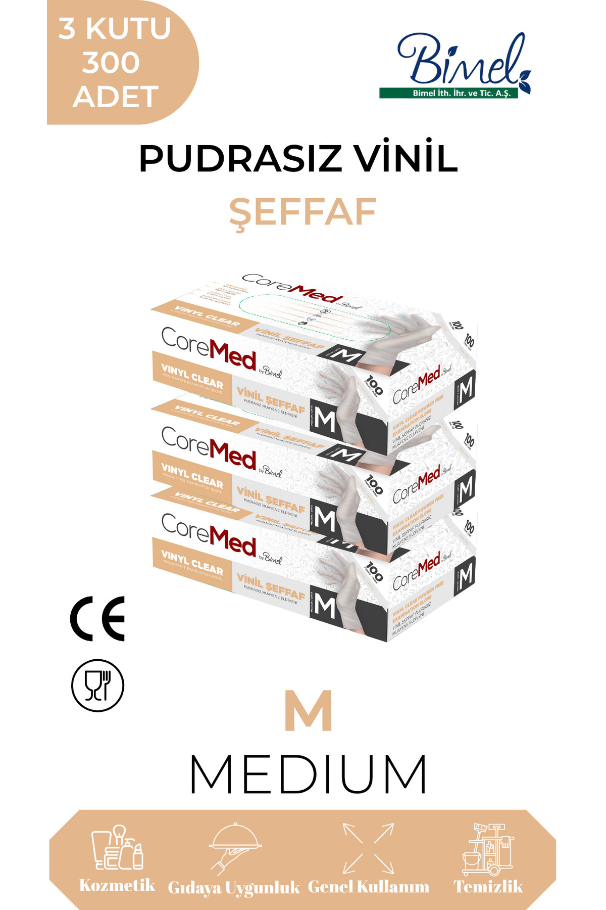 COREMED Vinil Şeffaf Pudrasız Muayene Eldiveni M - 3 Paket 100'lü