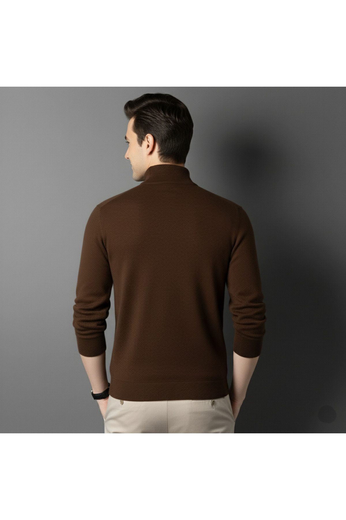 ژاکت ساده بافتنی مردانه یقه نیمه نازک — قهوه‌ای VOCSADE0001 — تصویر 2 از 2