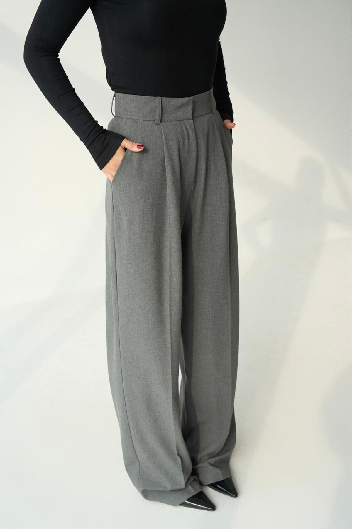 GRİ YÜKSEK BEL PİLİLİ PALOZZO PANTOLON