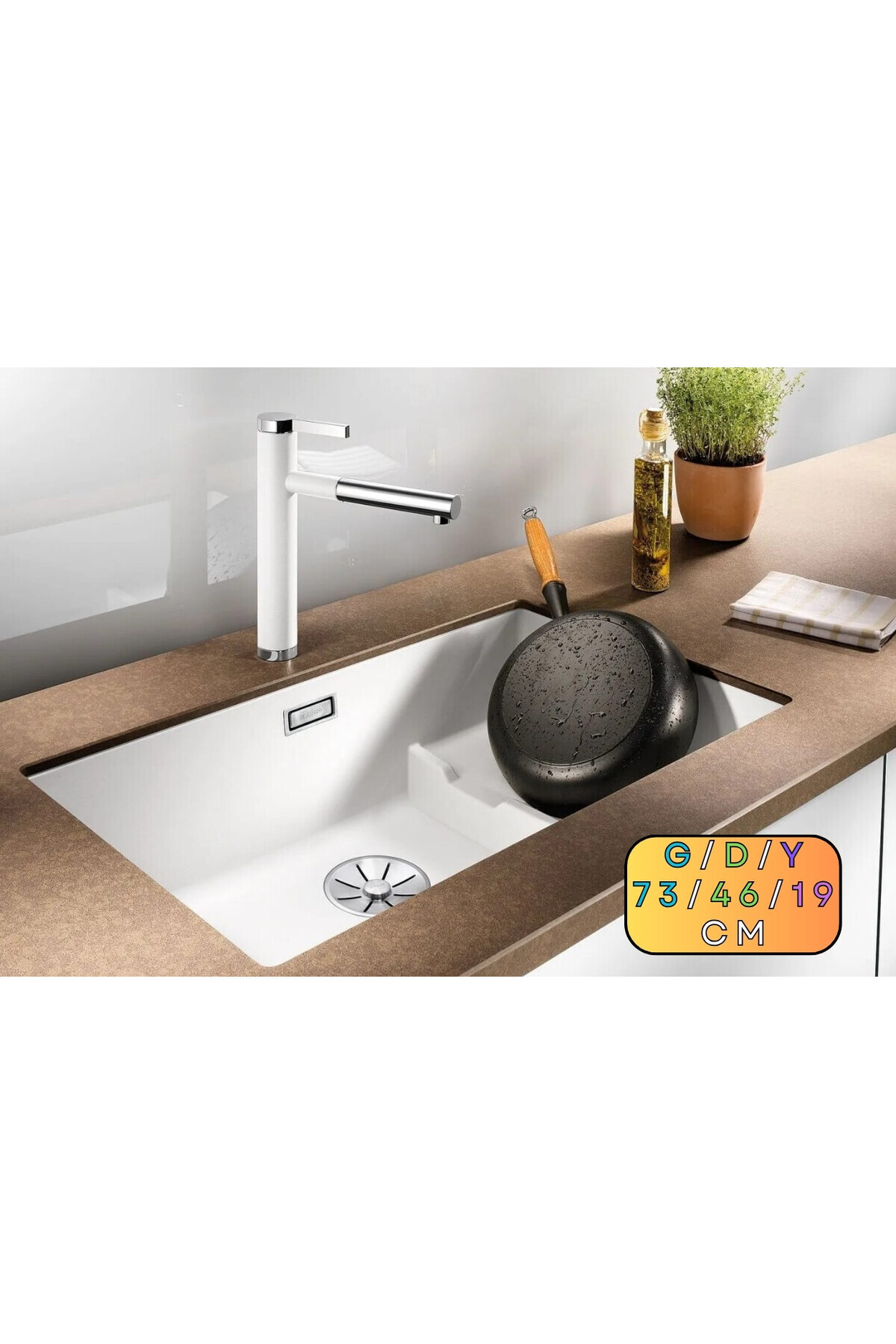 almital mobilya aksesuarları furniture accessories Granit Evye Sakai Series White 73x46 (BEYAZ) Mutfak Eviyesi, Sepet Hazneli