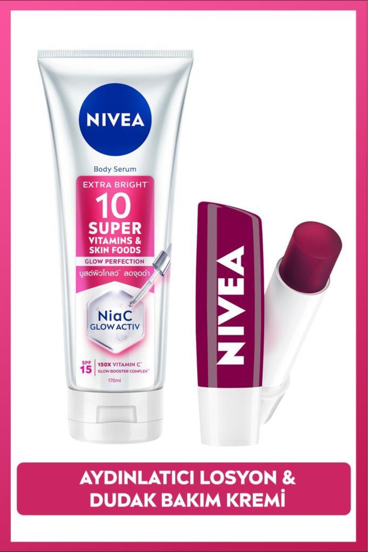 نیوا لوسیون بدن روشن کننده و مرطوب کننده SPF15 Super10، 170 میلی لیتر و کرم مراقبت از لب بلک بری، ست مراقبتی