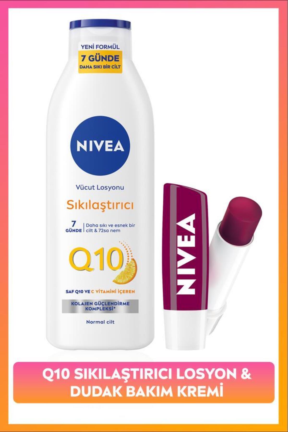 NIVEA Q10 Sıkılaştırıcı C Vitamini Vücut Losyonu 250ml ve Nemlendirici Böğürtlen Dudak Bakım Kremi — SET.NVE.1301