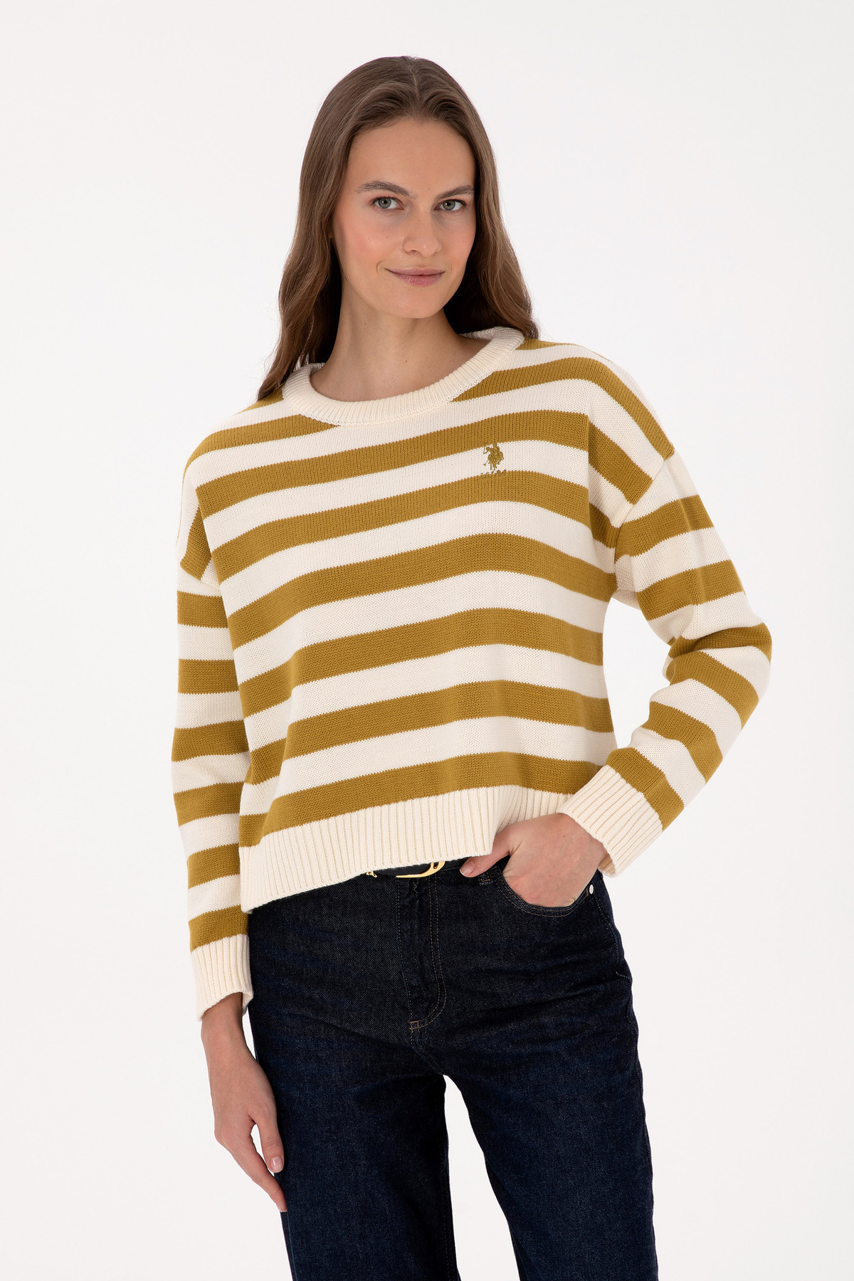 ژاکت یقه گرد راه راه کرم زنانه یو اس پولو کد :(50314653-VR071) U.S. Polo Assn.