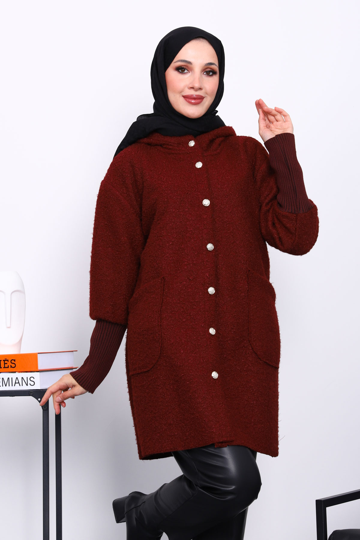 İmajButik Bordo Kapşonlu Buklet Kaban
