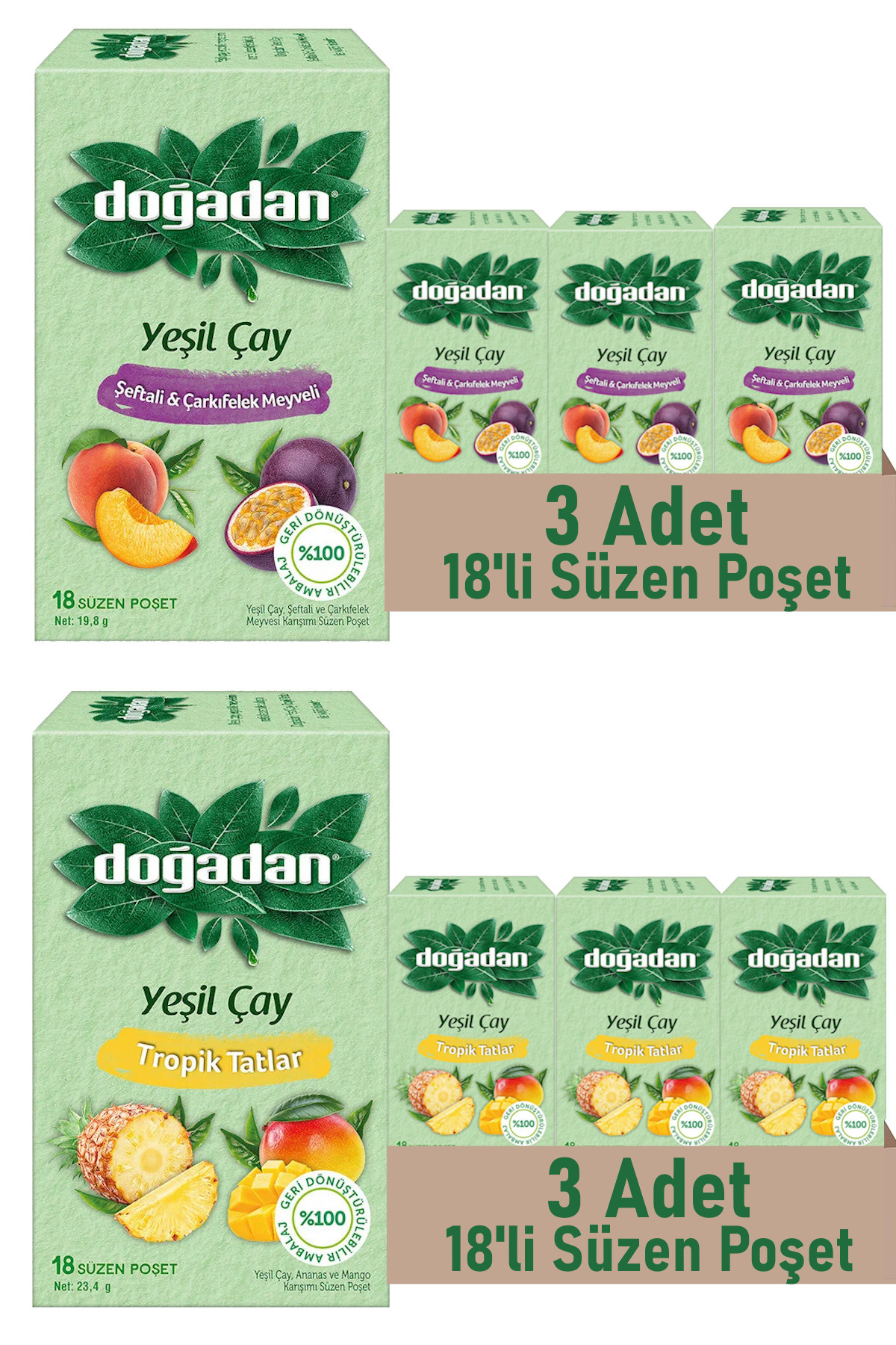 Doğadan Tropik Tatlar ve Şeftali & Çarkıfelek Meyveli Poşet Yeşil Çay 18'li x 6 Adet