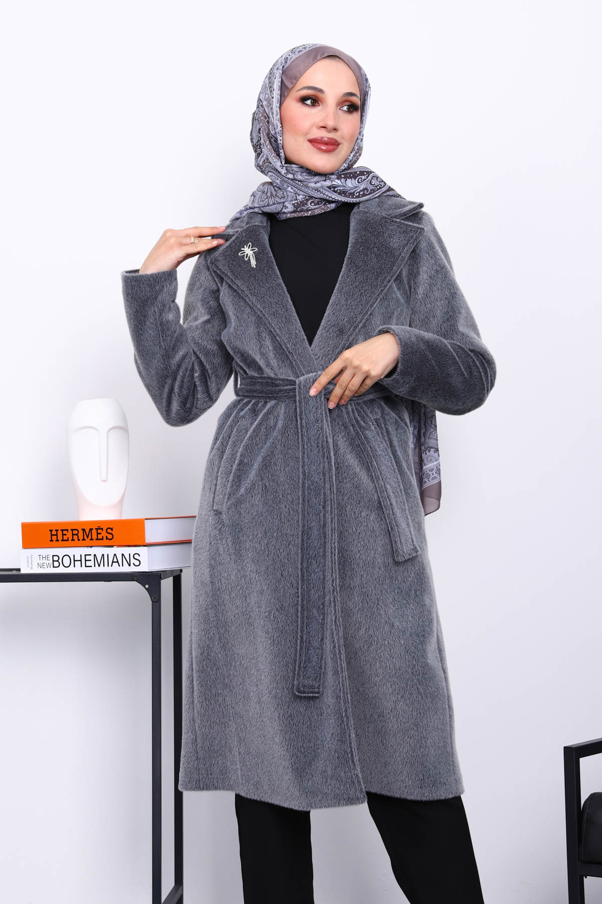 İmajButik Füme Kruvaze Yaka Cepli Angora Kaşe Kaban
