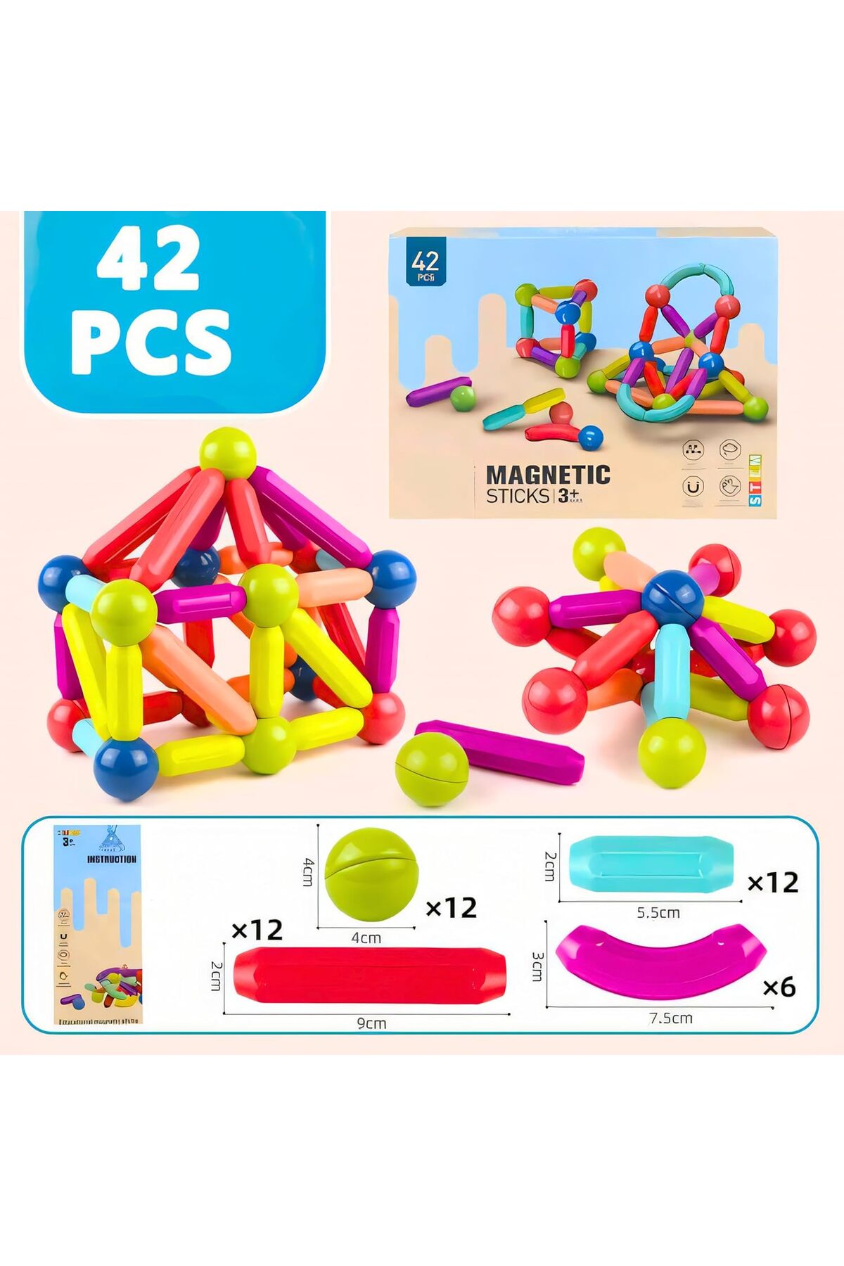 بلوک‌های مغناطیسی ساختنی برای اسباب‌بازی بچه‌ها | اسباب‌بازی مغناطیسی برای دختران | اسباب‌بازی مغناطیسی برای پسران بالای ۳ سال (۴۲ عددی)