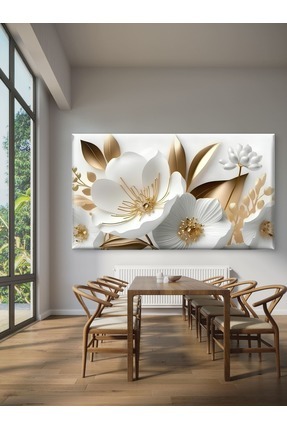 Pikseliart BEYAZ ALTIN DETAYLI ÇİÇEK - MODERN BASKI KANVAS TABLO