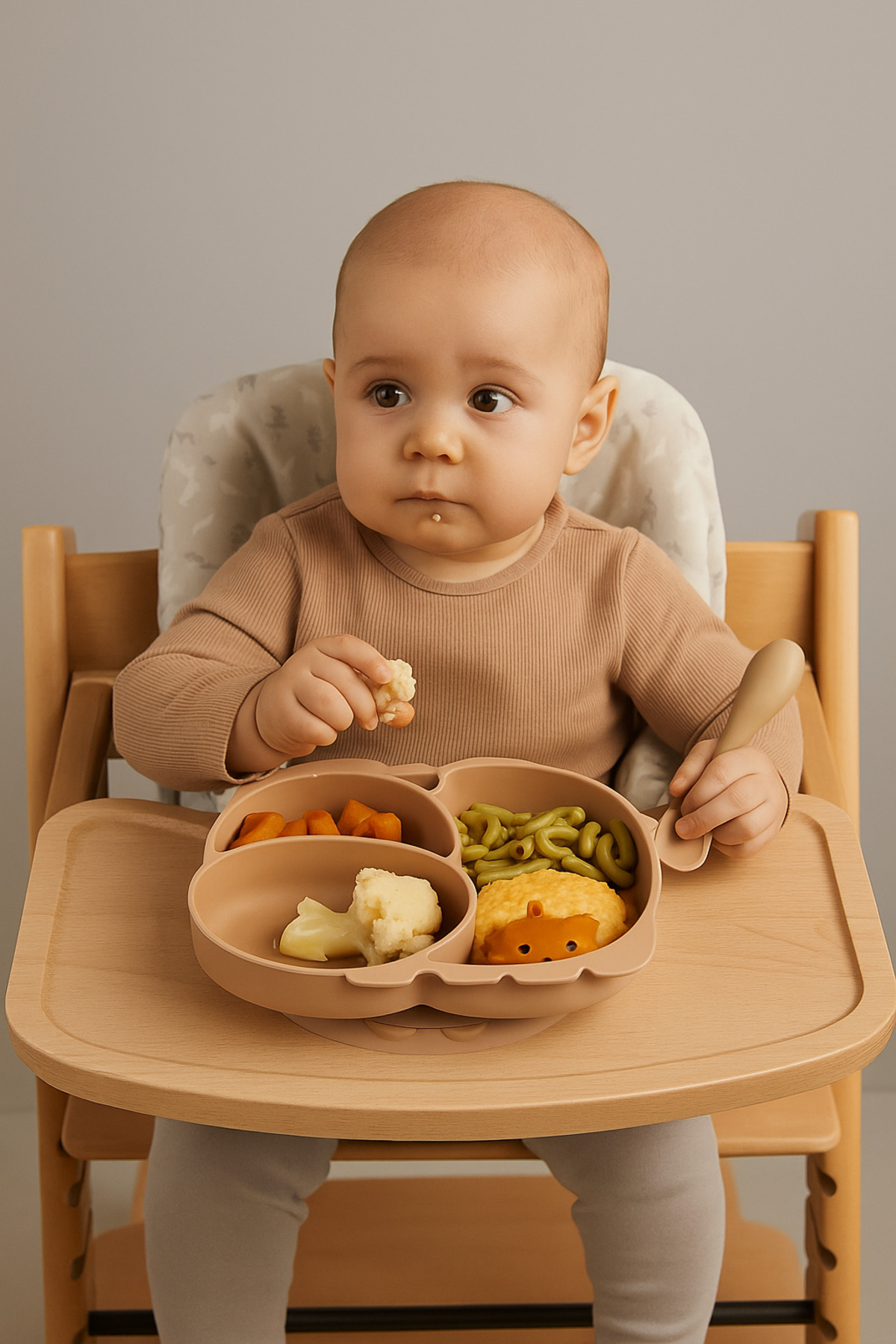 espashome 5'li Silikon Set / Bölmeli Mama Tabağı / Kase / Bebek Bardağı / Diş Kaşıyıcı / Mama Kaşığı - Moka fotoğrafı 3 (önizleme)