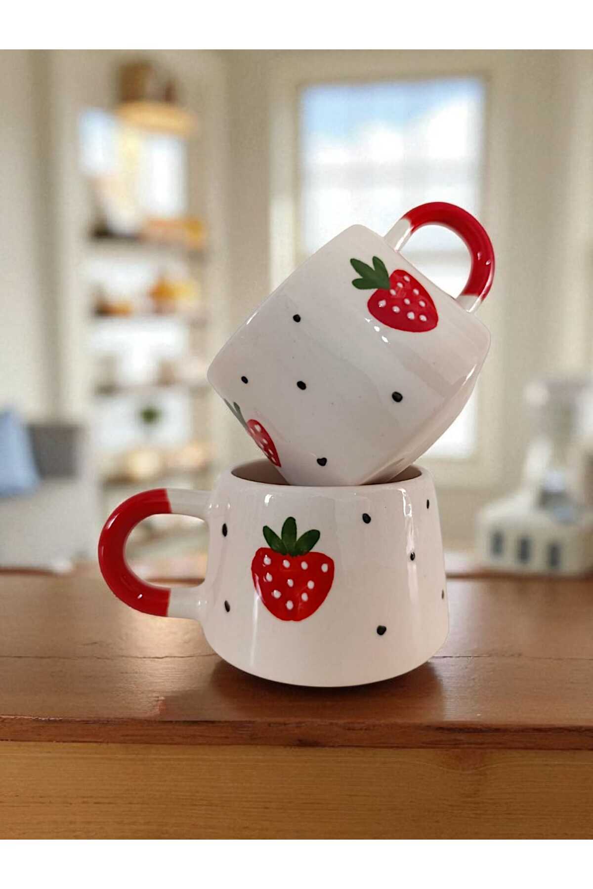 aktas seramik 🍓 Çilek Desenli El Çizimi Seramik Kupa Bardak Hediyelik
