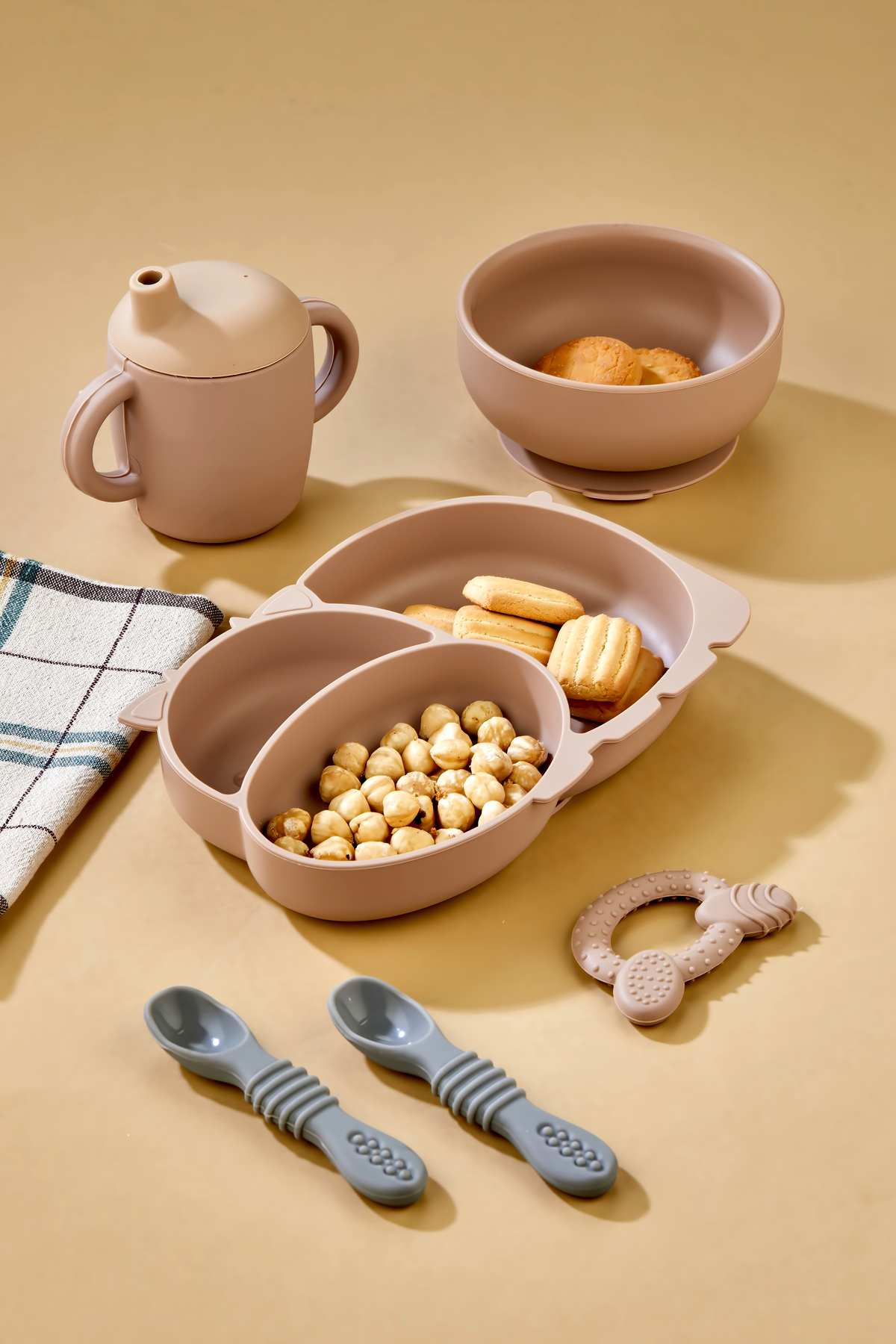 espashome 5'li Silikon Set / Bölmeli Mama Tabağı / Kase / Bebek Bardağı / Diş Kaşıyıcı / Mama Kaşığı - Moka fotoğrafı 2 (önizleme)