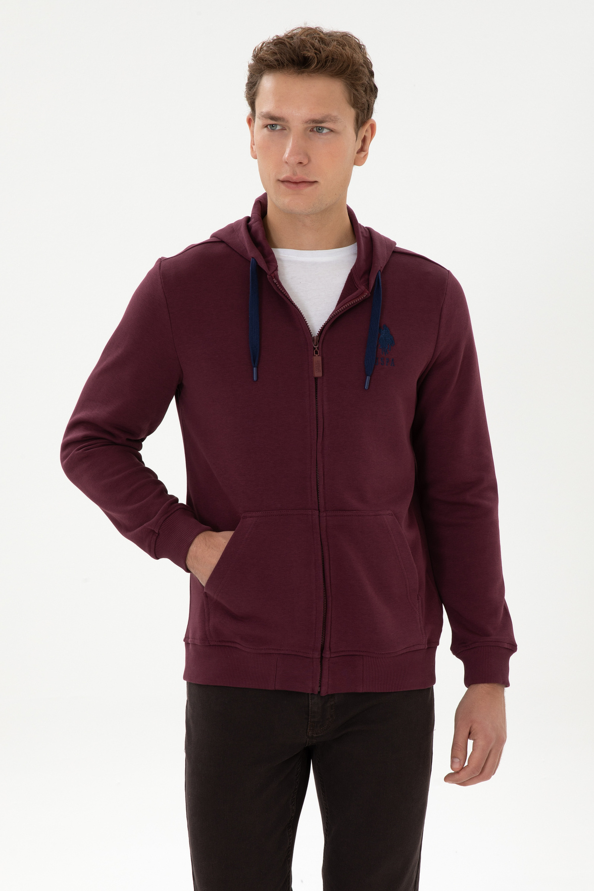U.S. Polo Assn. یو اس پلو Erkek Regular Fit Regular Fit Fermuarlı Kapüşonlu Bordo Örme Hırka 50307765-VR177 — قرمز