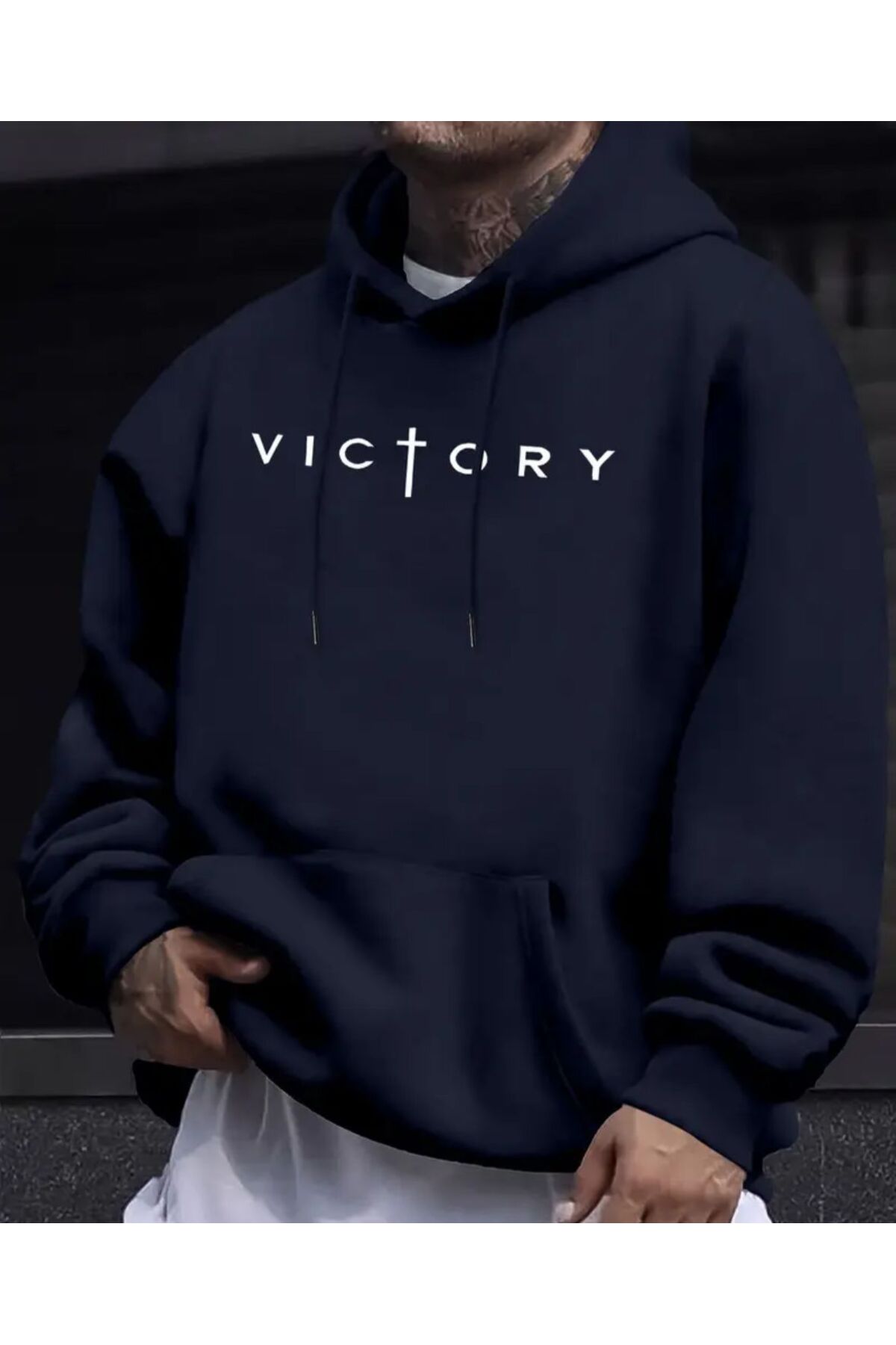 herkesemoda Victory K Hooded Sweatshirt with Text Detail and Fleece Inside