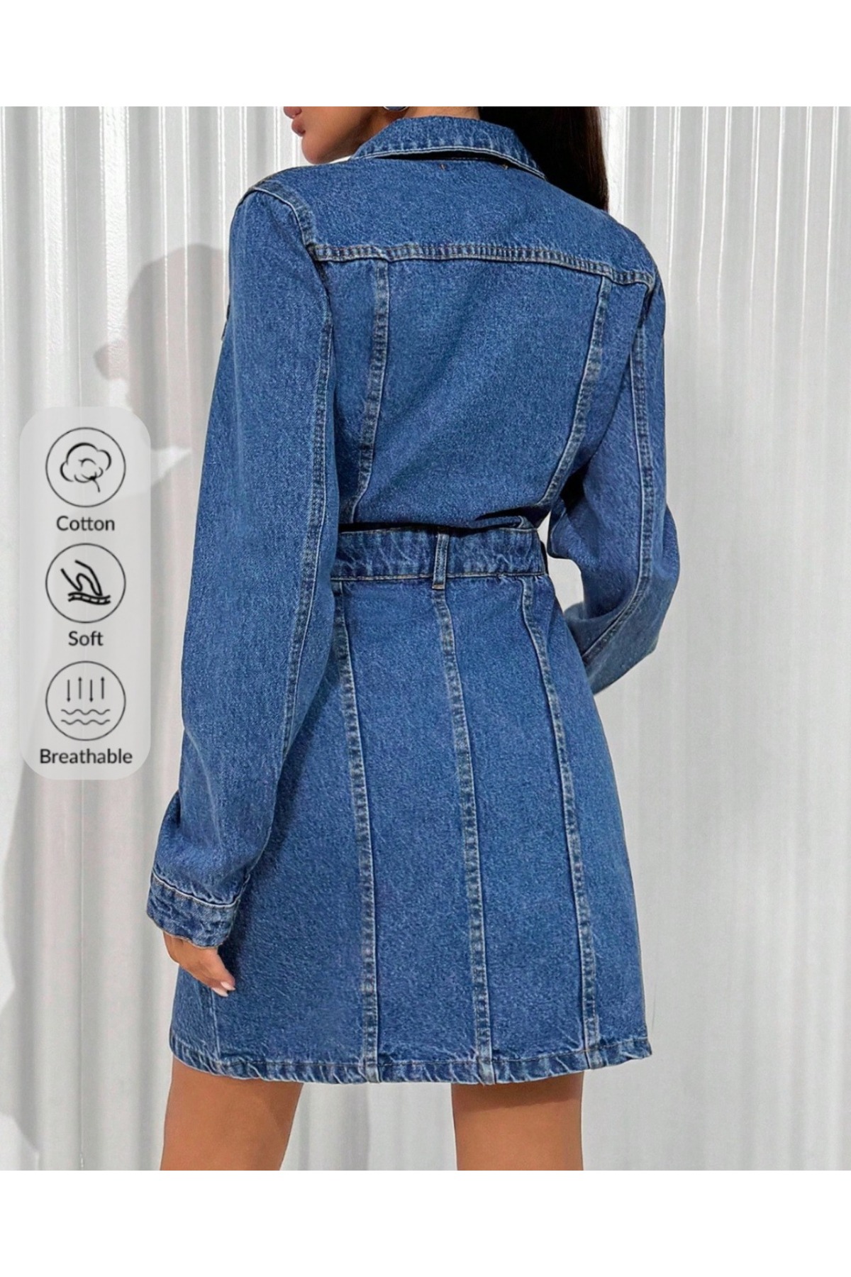 KENE JEANS  KADIN MAVİ ÖN PENSLİ LAZER YIRTIK İŞLEMLİ KOT ELBİSE - Görsel 4