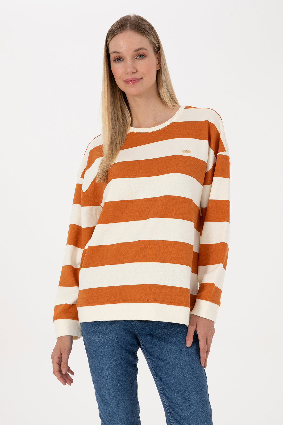 U.S. Polo Assn.  Kadın Bakır Çizgili Bisiklet Yaka Sweatshirt 50313563-VR182 - Görsel 3