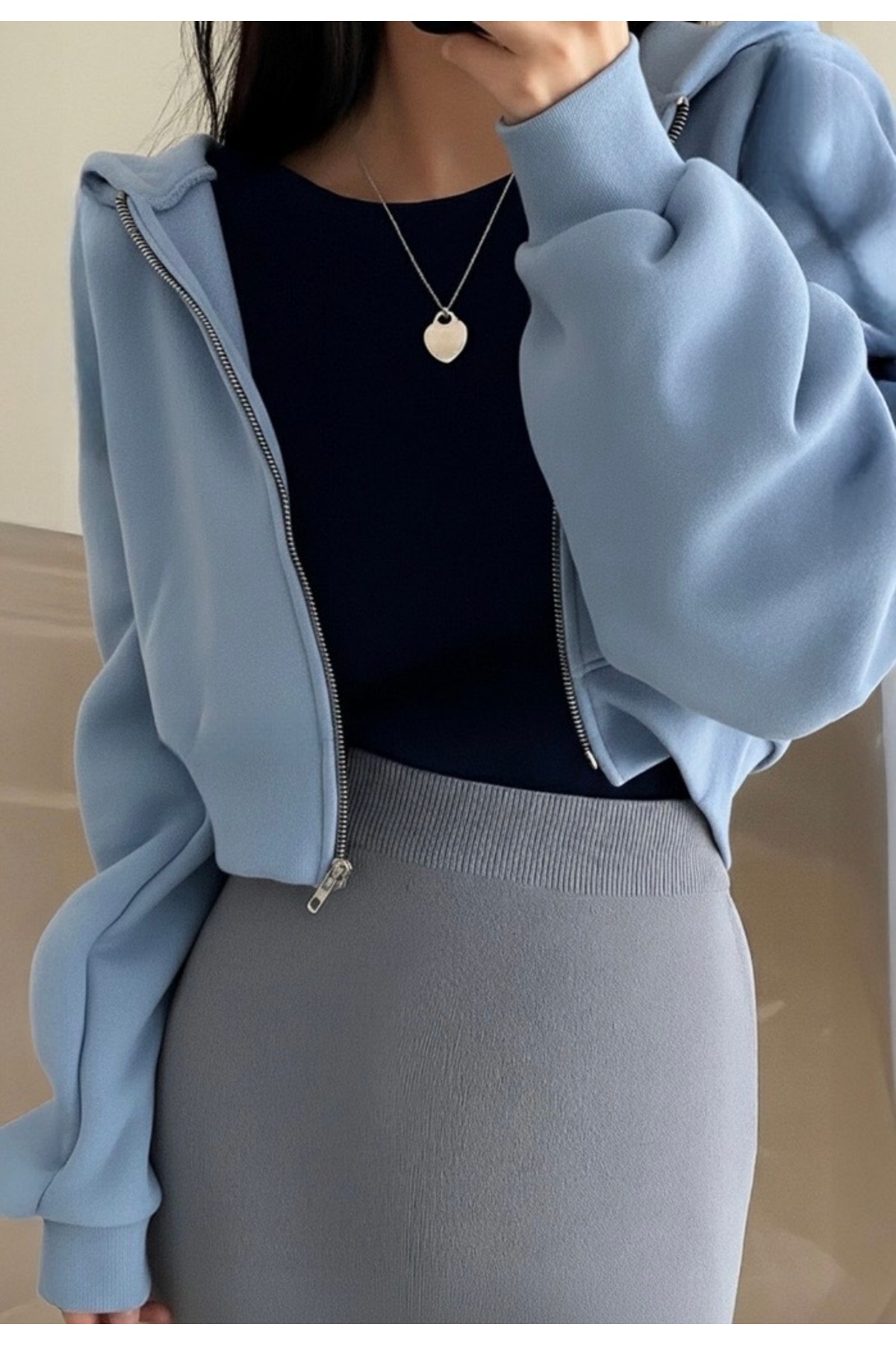 BYMEER  Mavi Fermuarlı Crop Sweatshirt Hırka - Görsel 3