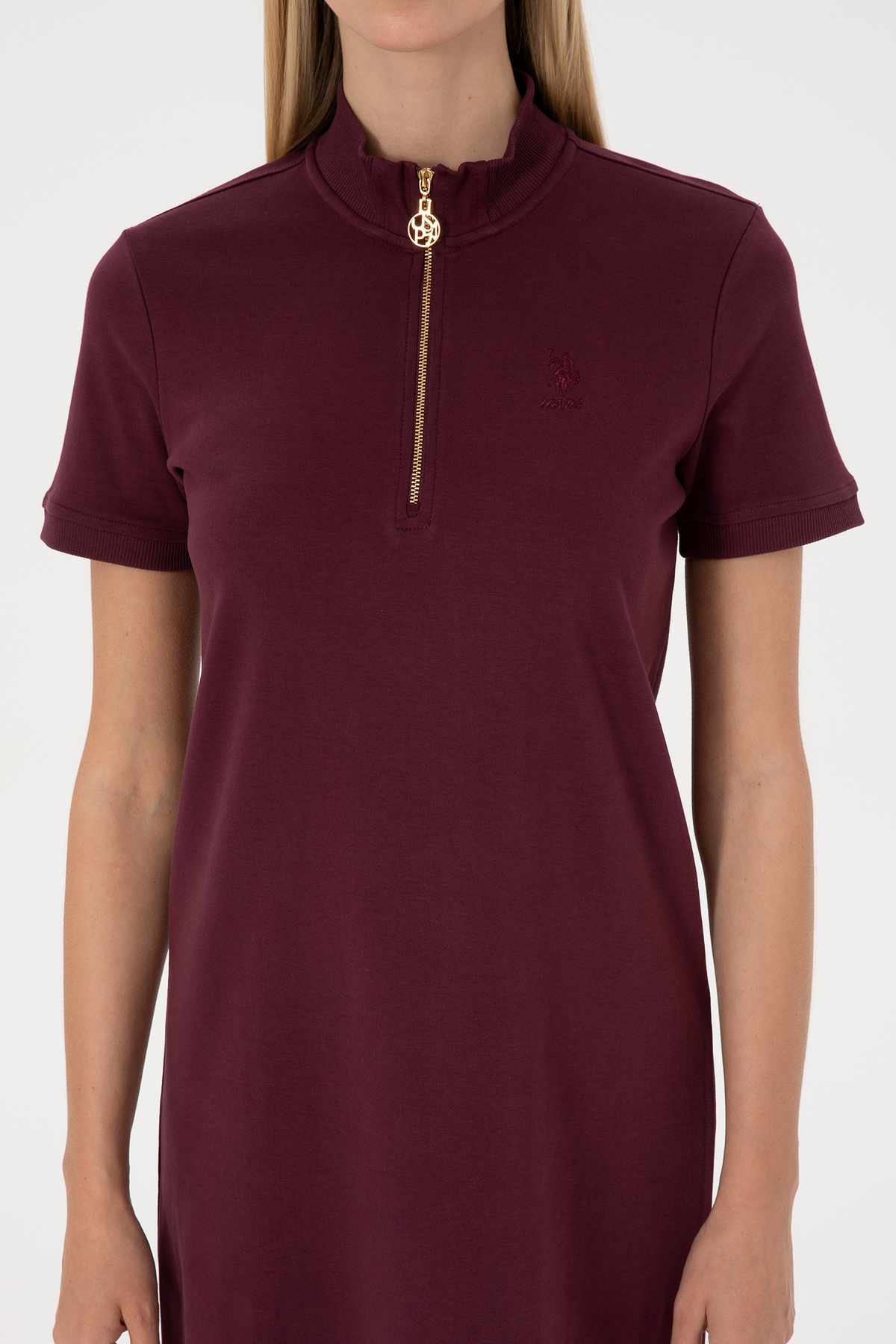 U.S. Polo Assn.  Kadın Bordo Fermuarlı Dik Yaka Mini Boy Örme Elbise 50314216-VR177 - Görsel 5