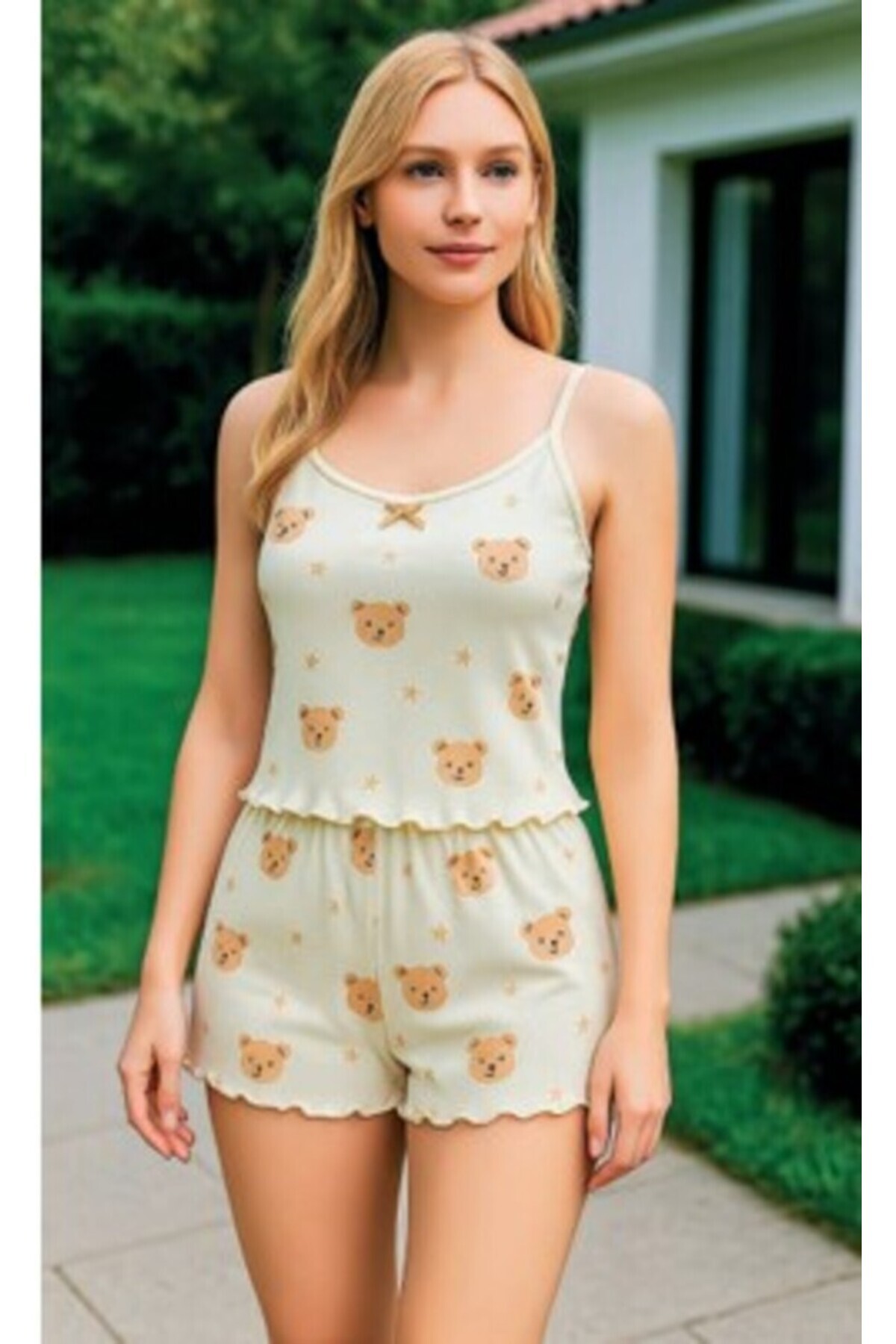 LAVİNİA İÇ GİYİM Desenli Ayıcıklı Şortlu Alt Üst Takım Gecelik