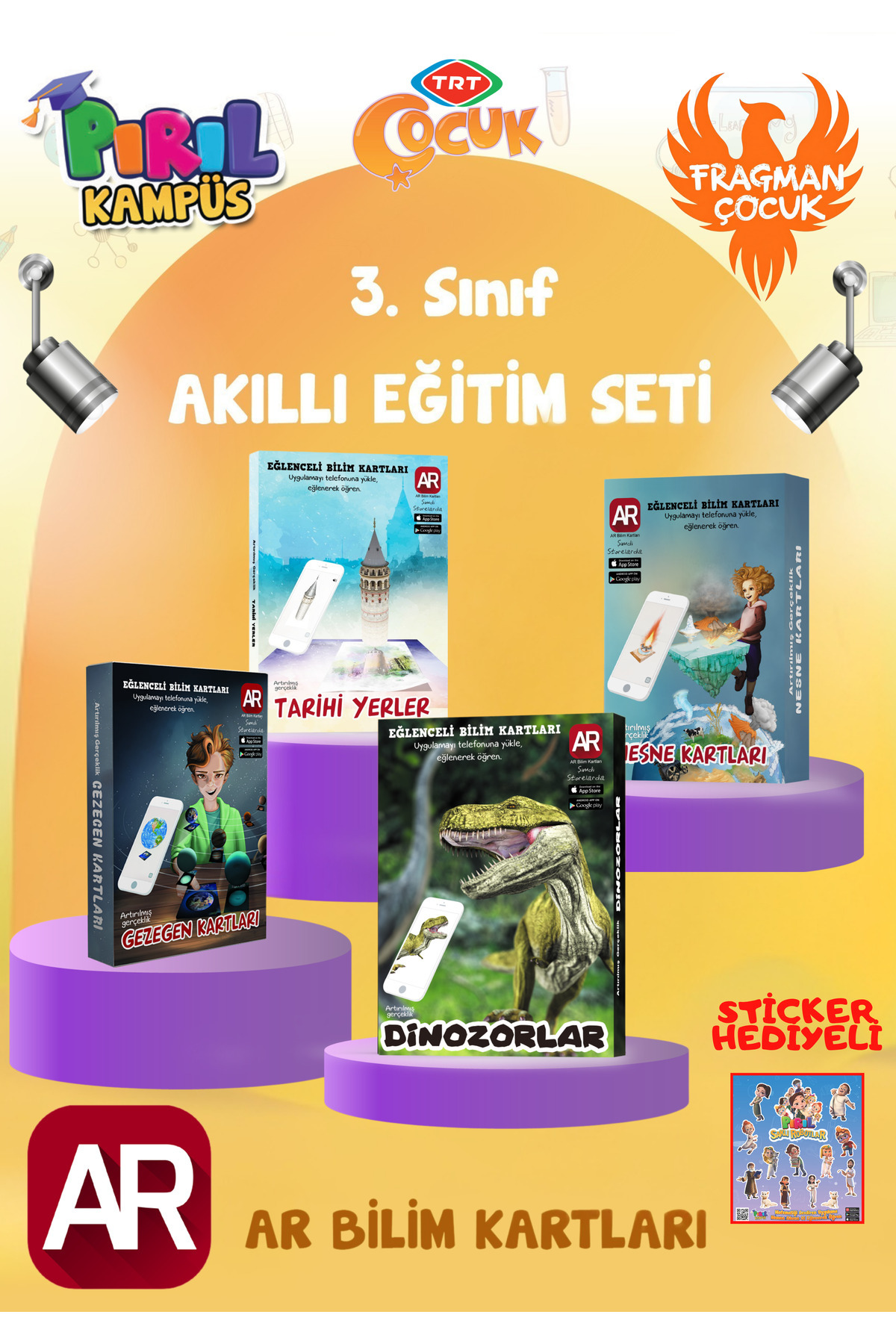 TRT ÇOCUK PIRIL Eğlenceli Bilim Kartları - Arttırılmış Gerçeklik Dinozorlar- Tarihi Yerler- Nesne - Gezegen Kartları