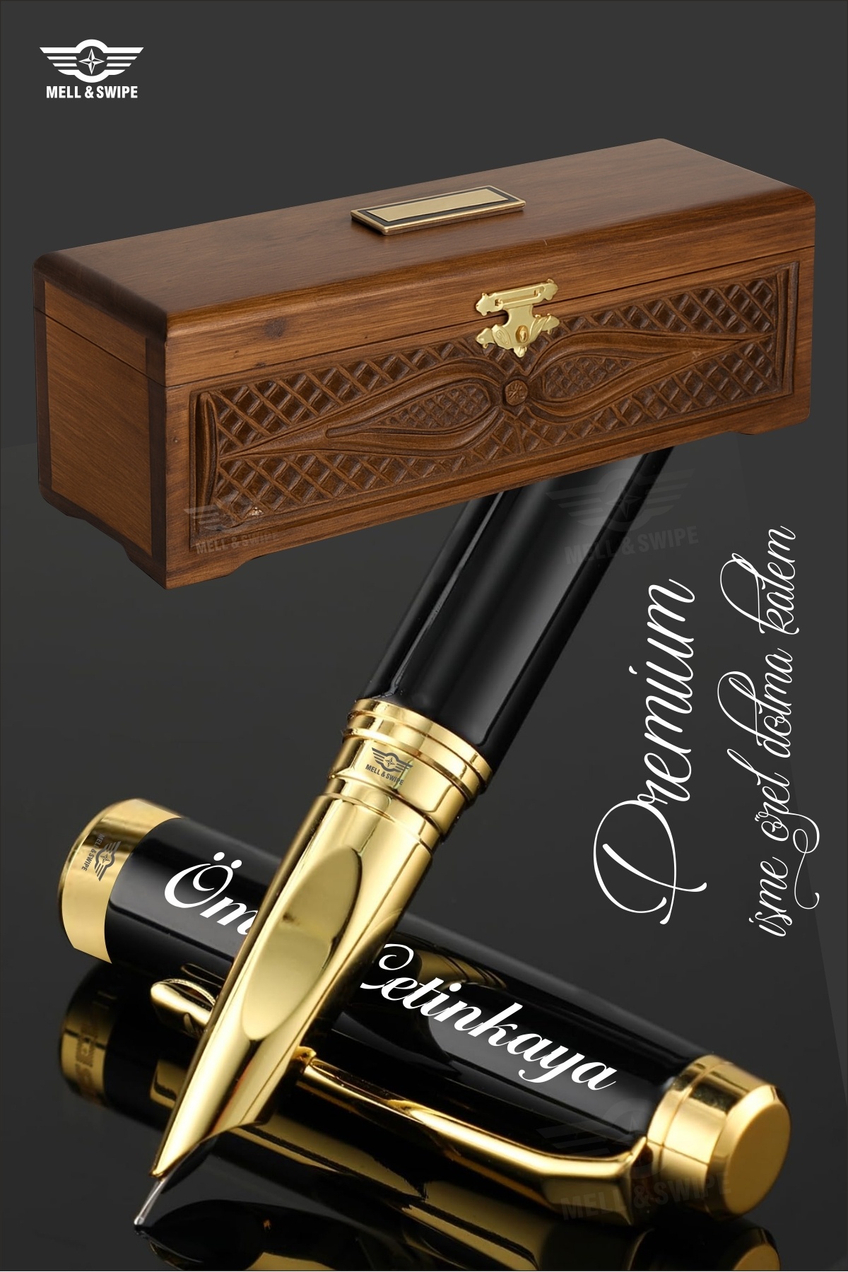MELL & SWIPE Kişiye Isme Özel İsim Baskılı Ahşap Kutulu Lüks Hediyelik Şık Tüplü Dolma Kalem Set Divit