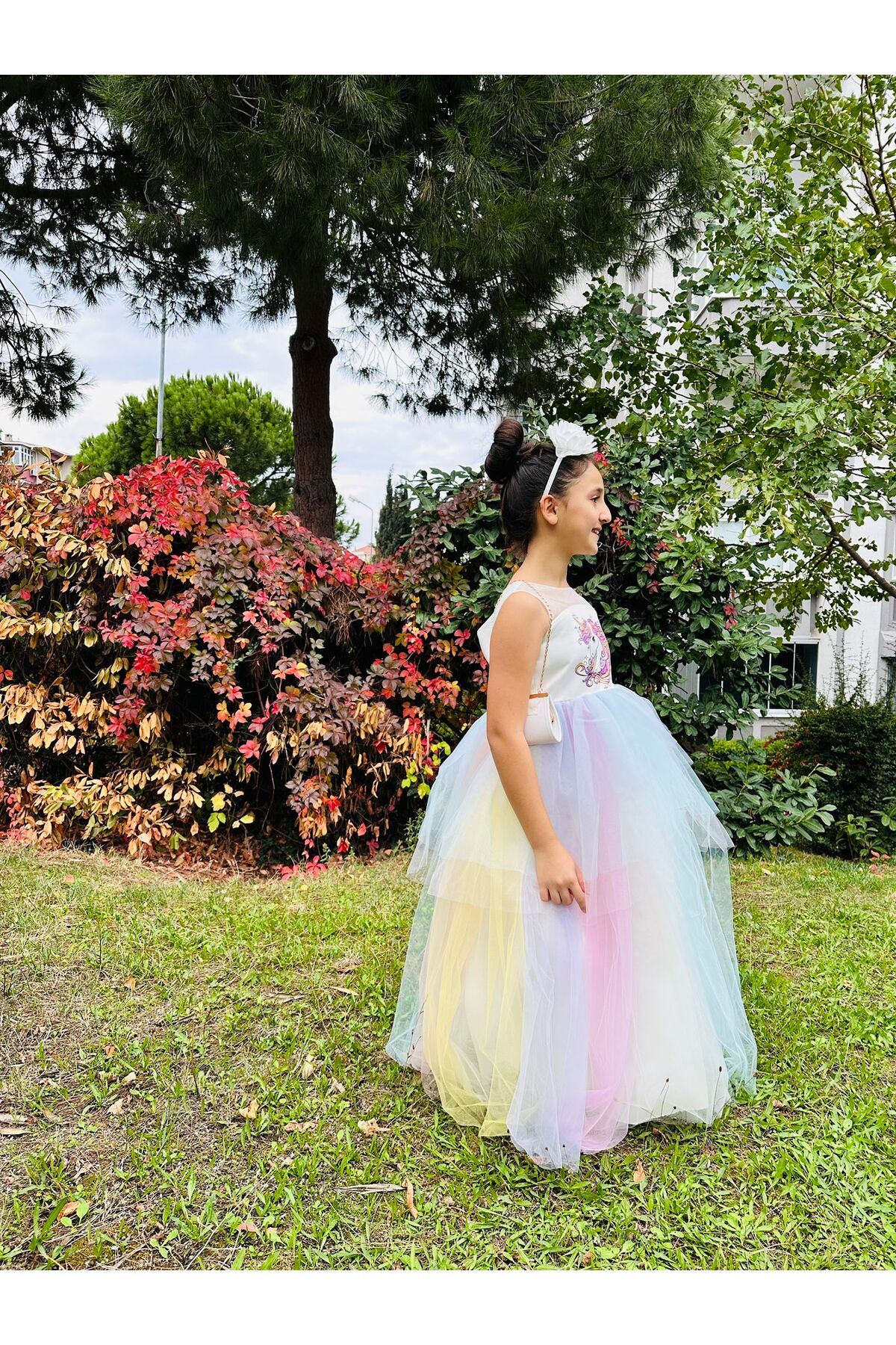 Neva Baby Boutique Unicorn Kostümü Kız Çocuk Tül Elbise Doğum Günü, Düğün Ve Parti Abiyesi (Taç ve çanta hediyeli) fotoğrafı 2 (önizleme)