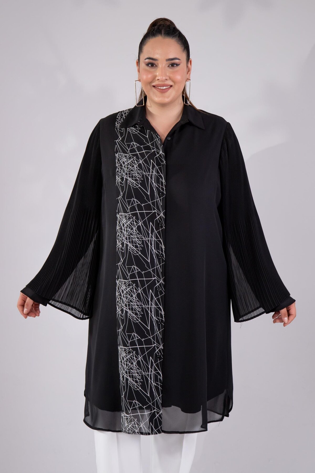 Roxxlen Büyük Beden Çizgi Desenli Gömlek Siyah