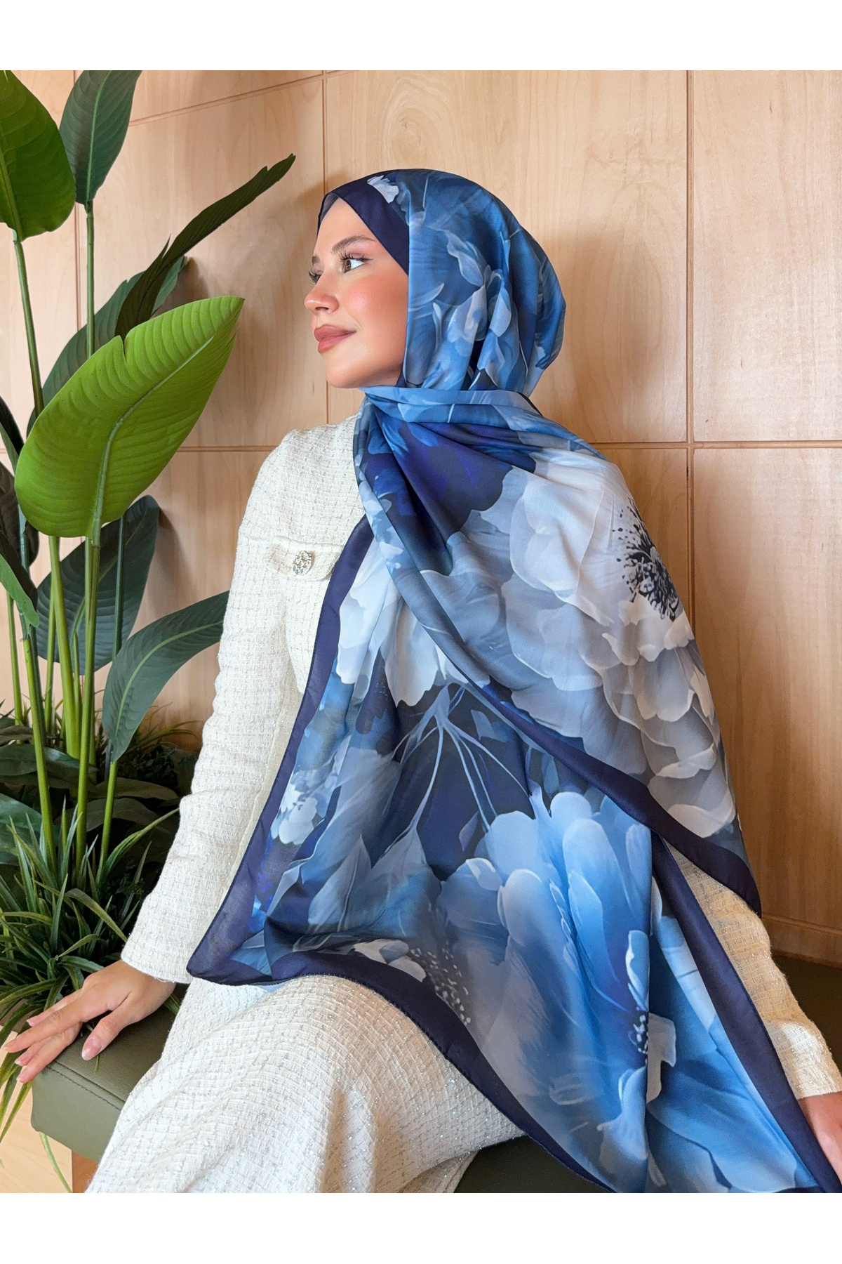 Mira İpek  Desenli Pamuk Soft Şal Soon Serisi Lacivert Mavi ps154 - Görsel 3