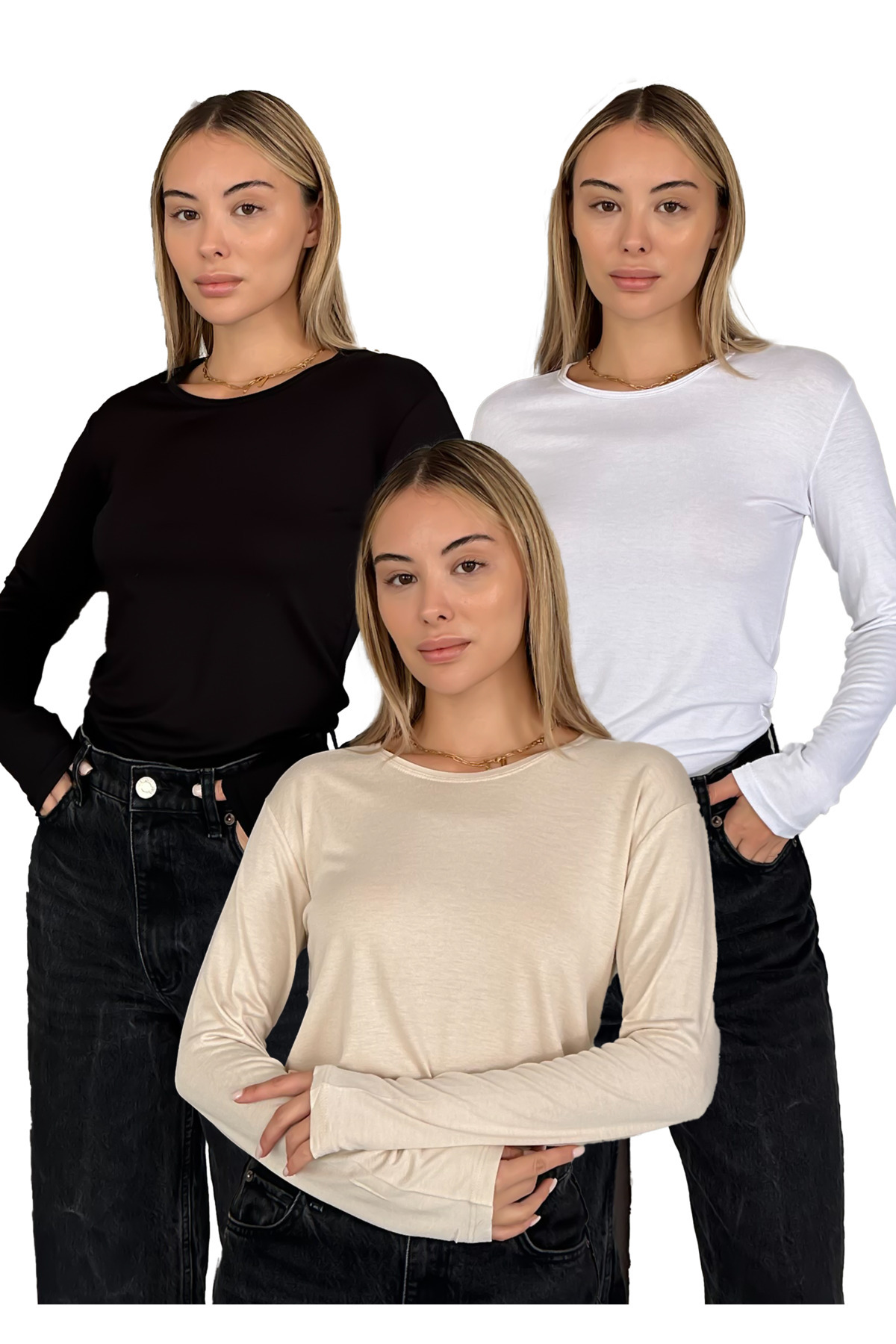 RDK Giyim Kadın Uzun Kollu Bisiklet Yaka Penye Body 3'lü Set - Siyah Beyaz Bej