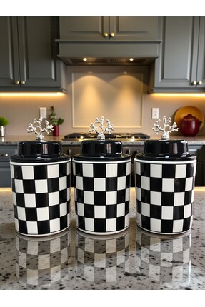 ferayhome Baharatlık Silindir Seramik Kapaklı 3 lü Kahve Köşesi Siyah Damalı ...