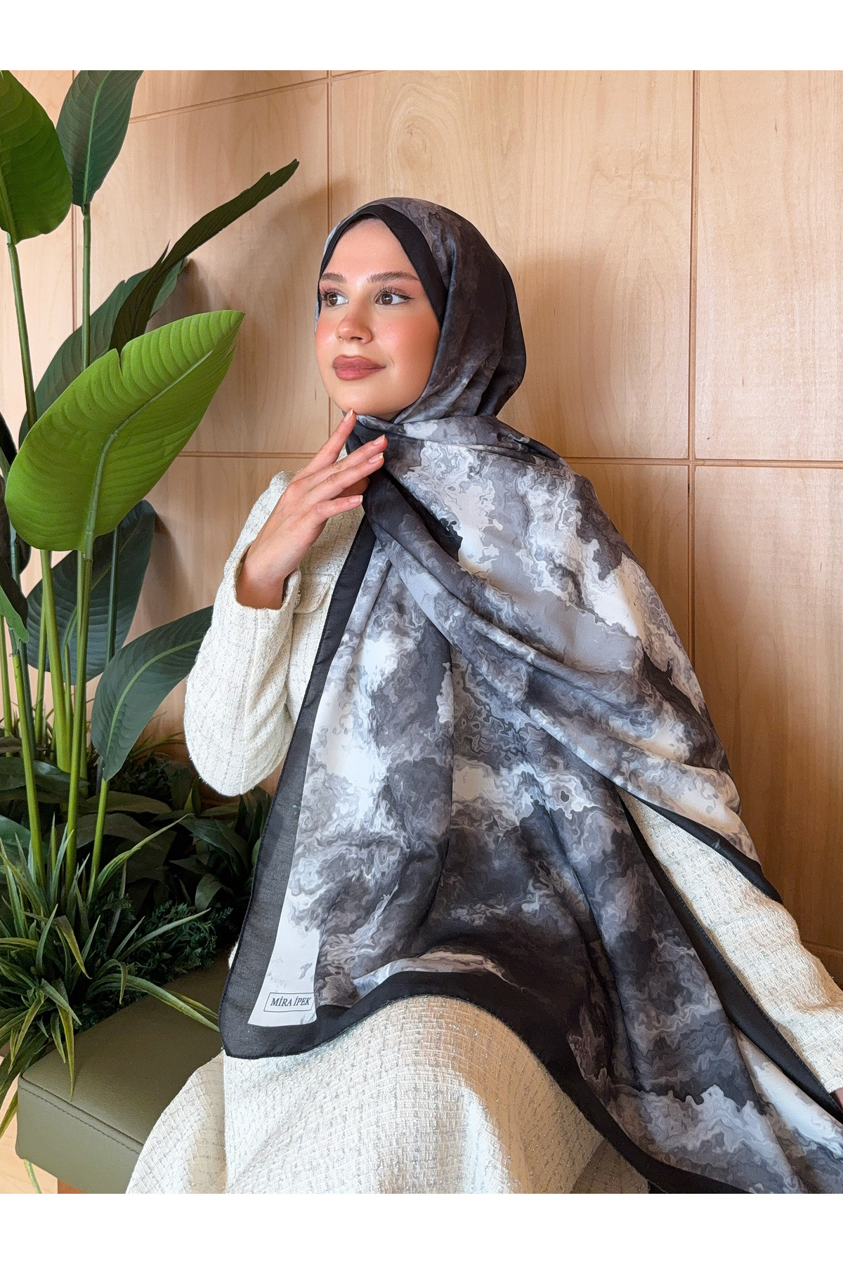 Mira İpek  Desenli Pamuk Soft Şal Vera Serisi Siyah Beyaz ps151 - Görsel 3