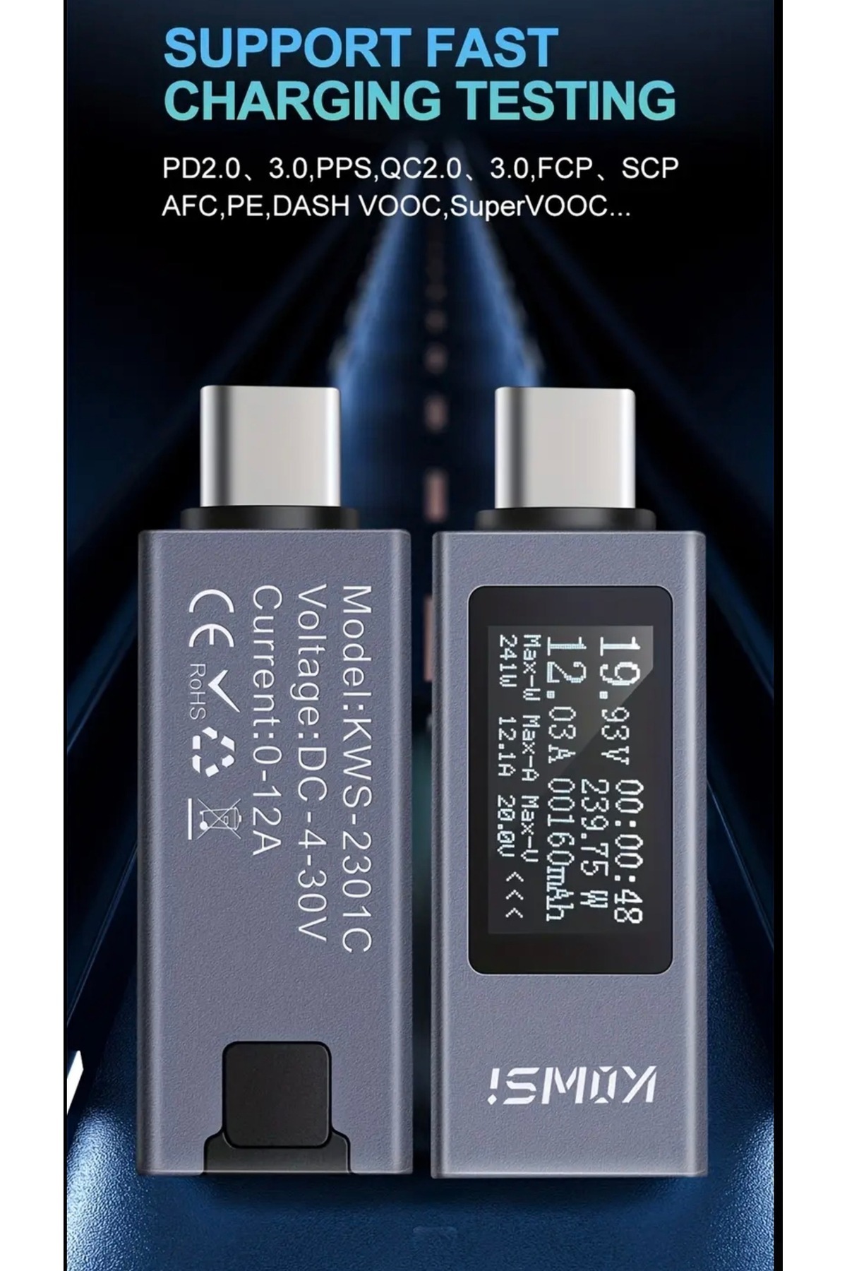 TREND KWS-2301C Type-C Dijital Voltaj Akım Ölçer Hızlı Şarj Test Cihazı 4-30V 12A Destekli