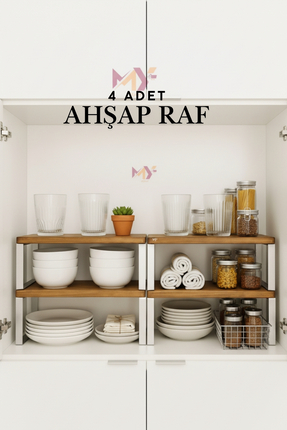 Myend 4 Adet Doğal Ahşap Dolap İçi Düzenleyici Raf Metal Ayaklı Tezgah Üstü D...