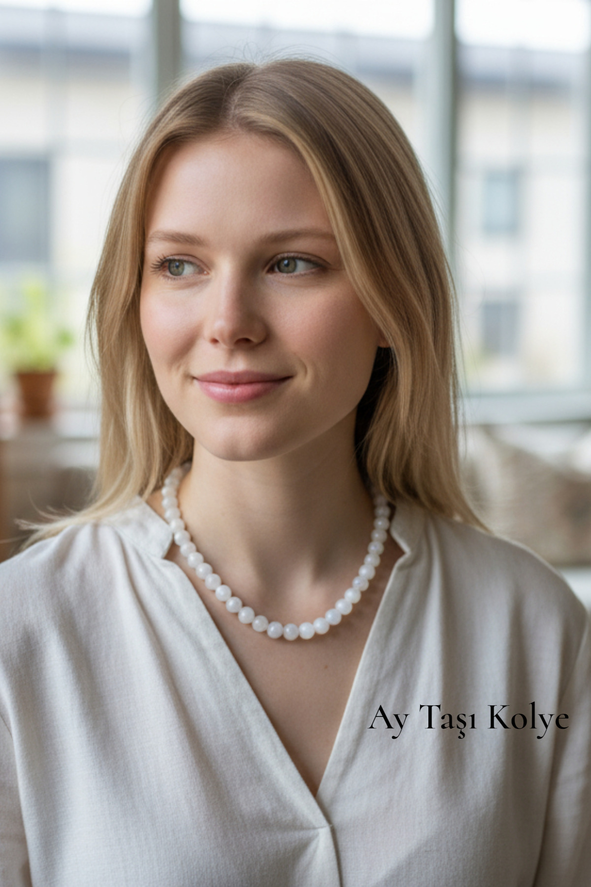 Moonstone Necklace Natural Stone 8 mm Quality ( Aura , Evil Eye , Balance ) 42 cm ( souvenir , special occasions )
