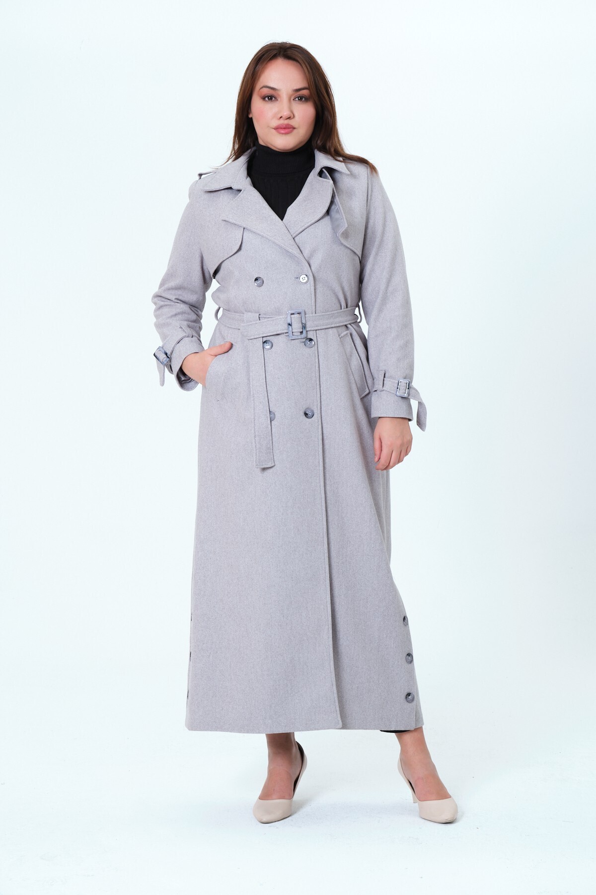 GLR&GYM BELUR KADIN BÜYÜK BEDEN ASTARLI TAM BOY CEKET YAKA KAŞE KABAN