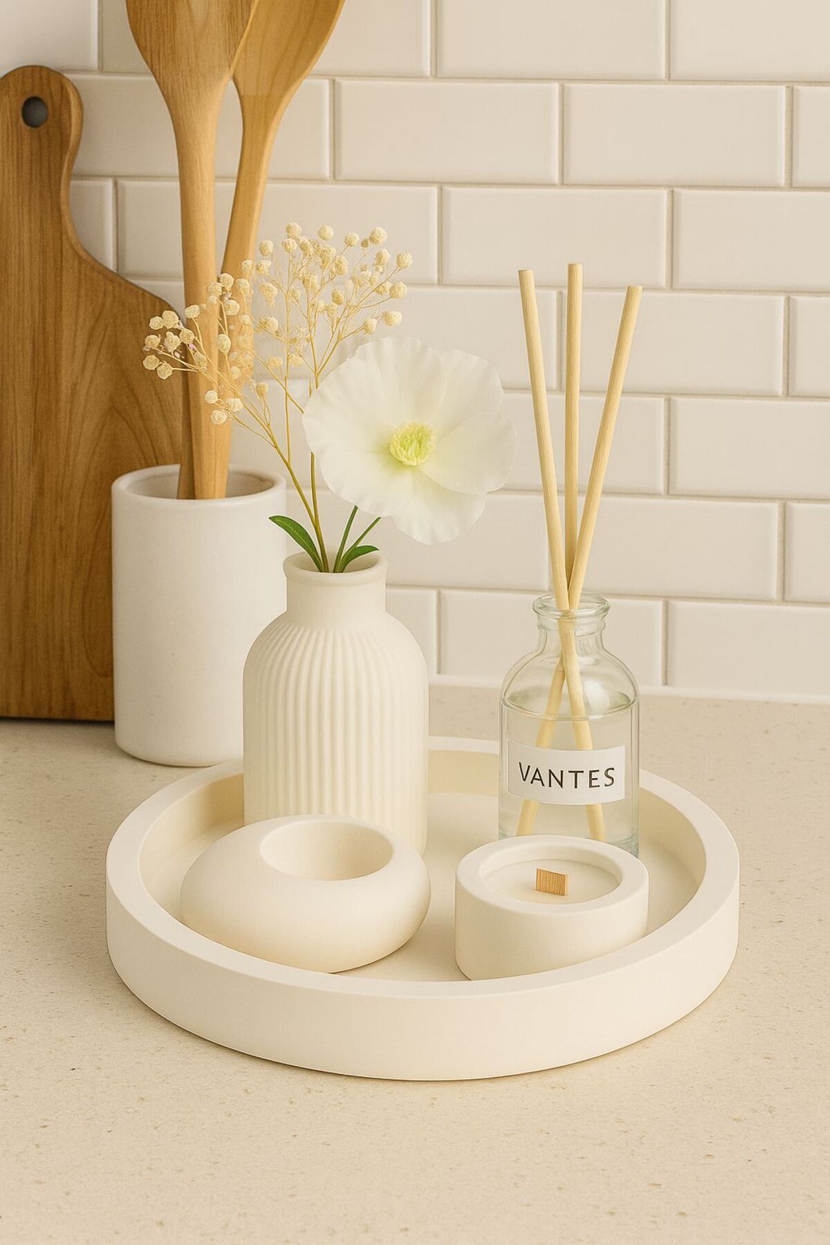 fırst slim Dekoratif 5li Set Mum Çizgili Vazo Tealight mumluk ve Oda Kokusu Seti