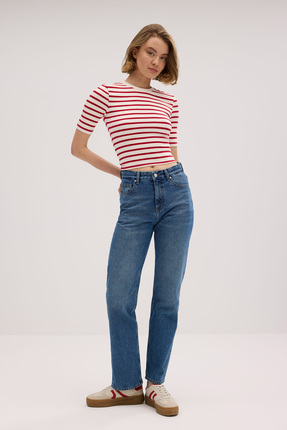 MINCHETTO Straight Kadın Mavi Rigid Normal Bel 5 Cep Denim Jean Kot Pantolon