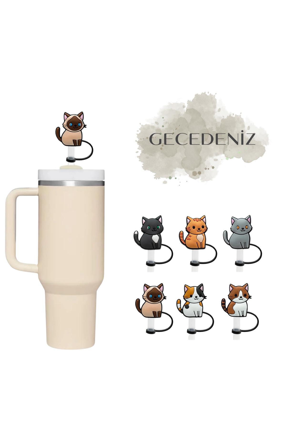 GECEDENİZ Termos Uyumlu Pipet Tıpası Siyam Kedi