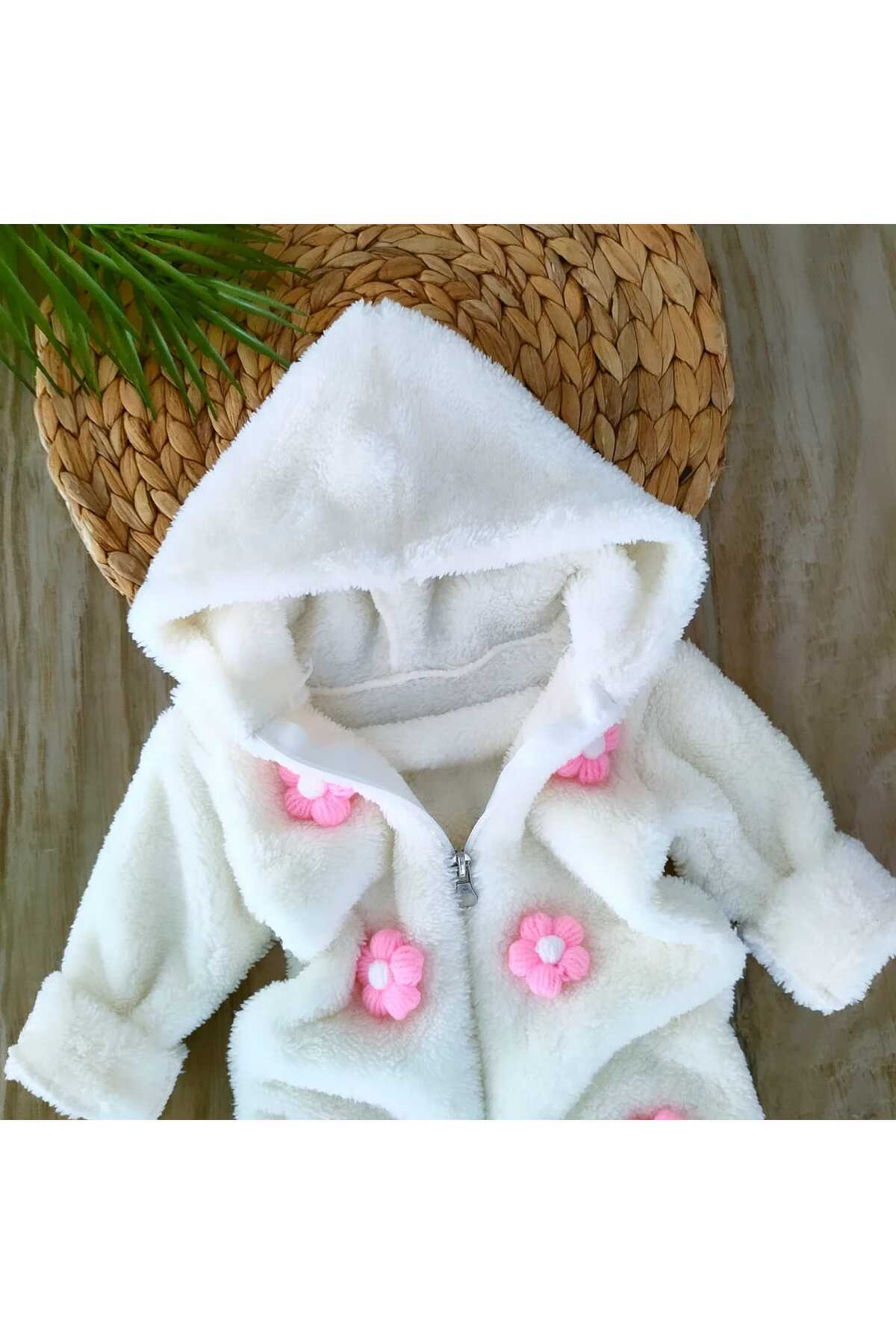 bebe kervanı Kız Bebek %100 Pamuklu Beyaz Düğme Detaylı Kışlık Peluş Tulum BBK1140 fotoğrafı 4 (önizleme)